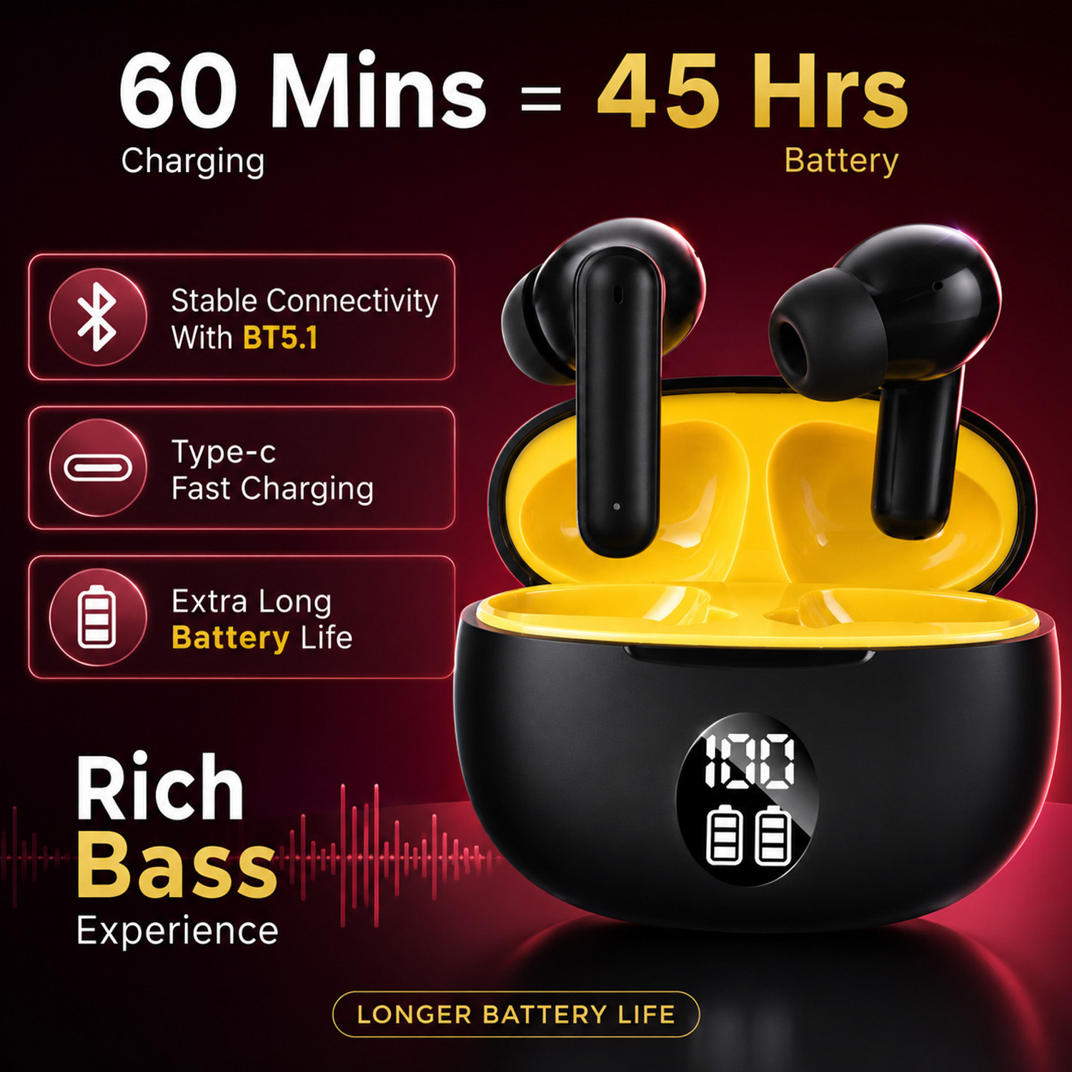 Image of snowbudy SB-895 with 25dB ANC,12.4mm Dynamic Bass Drivers,48Hrs Playback, BT5.4, IP55-14 Bluetooth Gaming Headset (Yellow, Black, True Wireless)