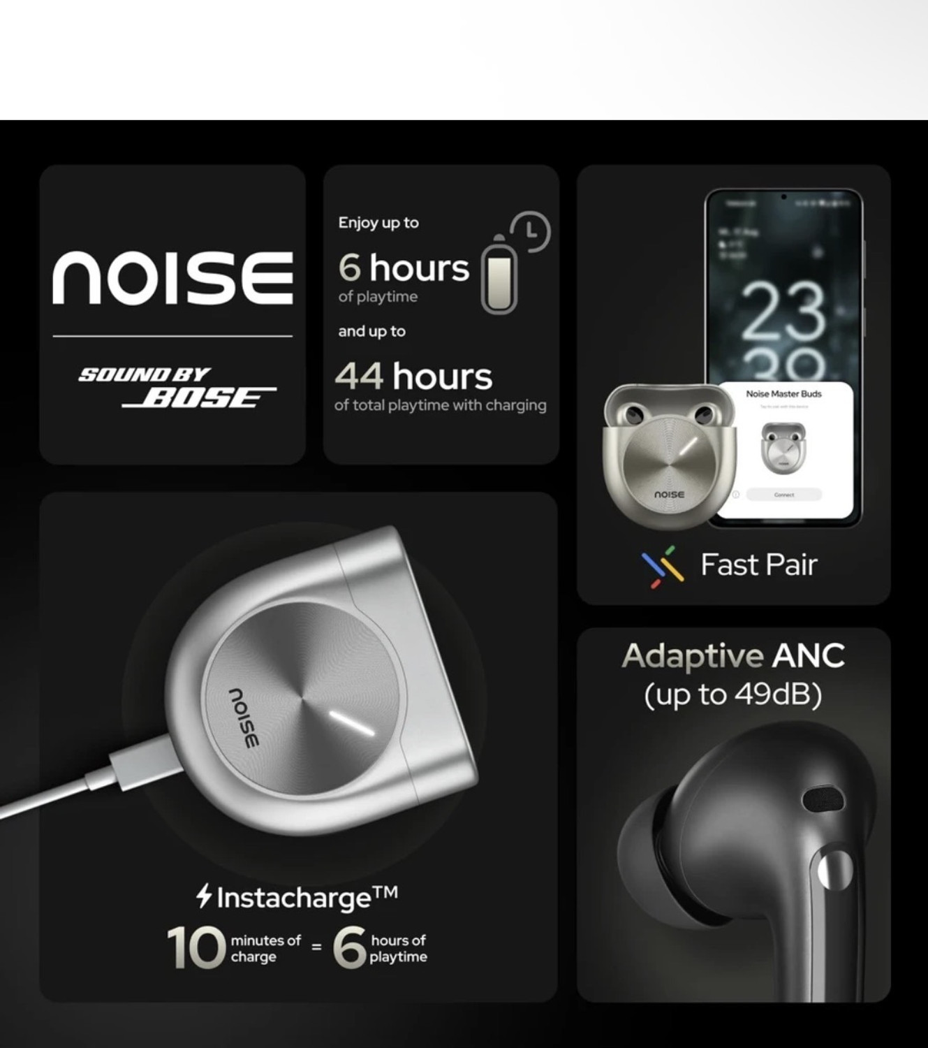 Image of TECHMAZE No i s e MasterBuds 2, Sound by B OSE, 51dB ANC T5 Bluetooth Headset (Black, True Wireless)