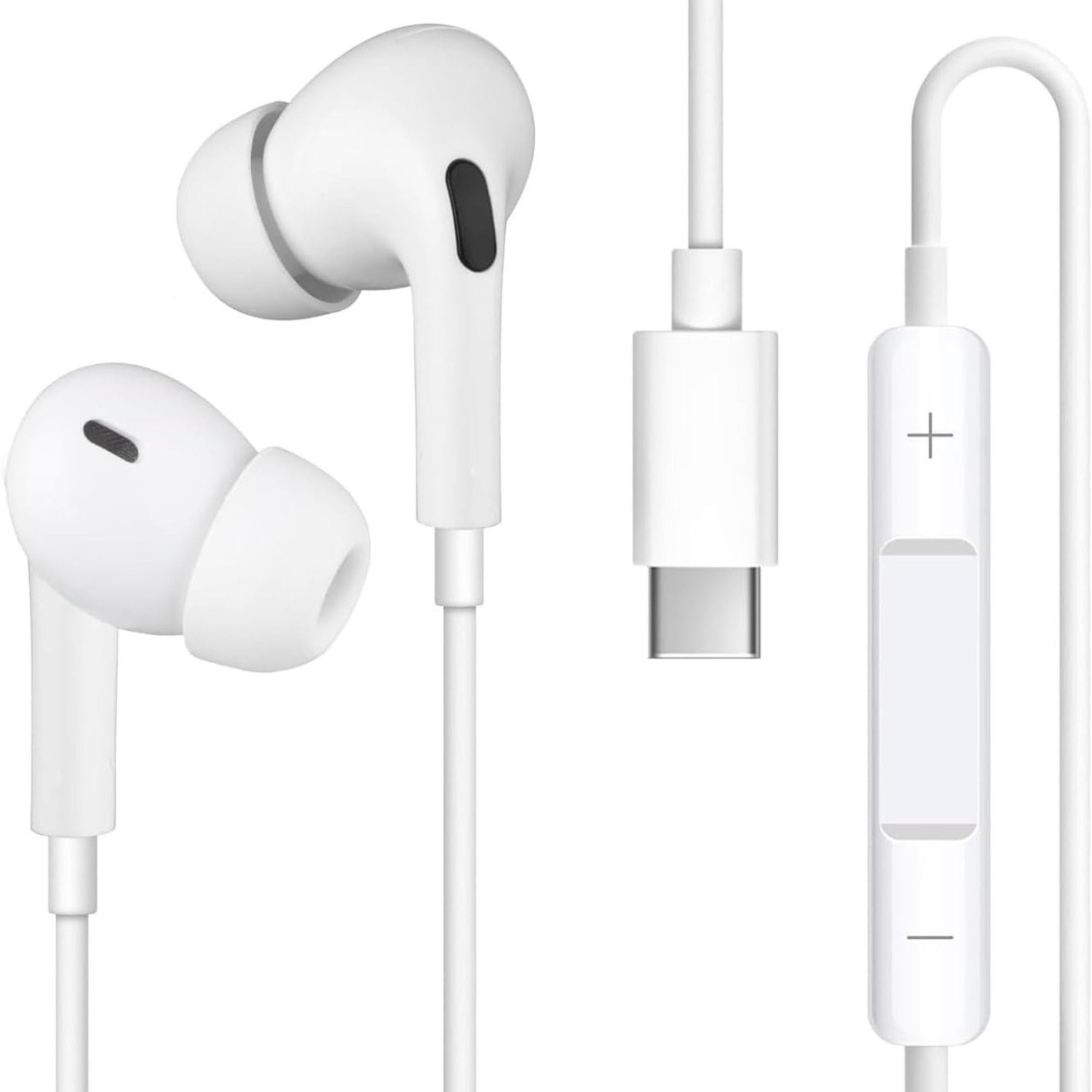 Image of Umake Type-C Wired Earphones with Mic & Volume Control | High Bass Stereo Sound Wired Headset (White, In the Ear)