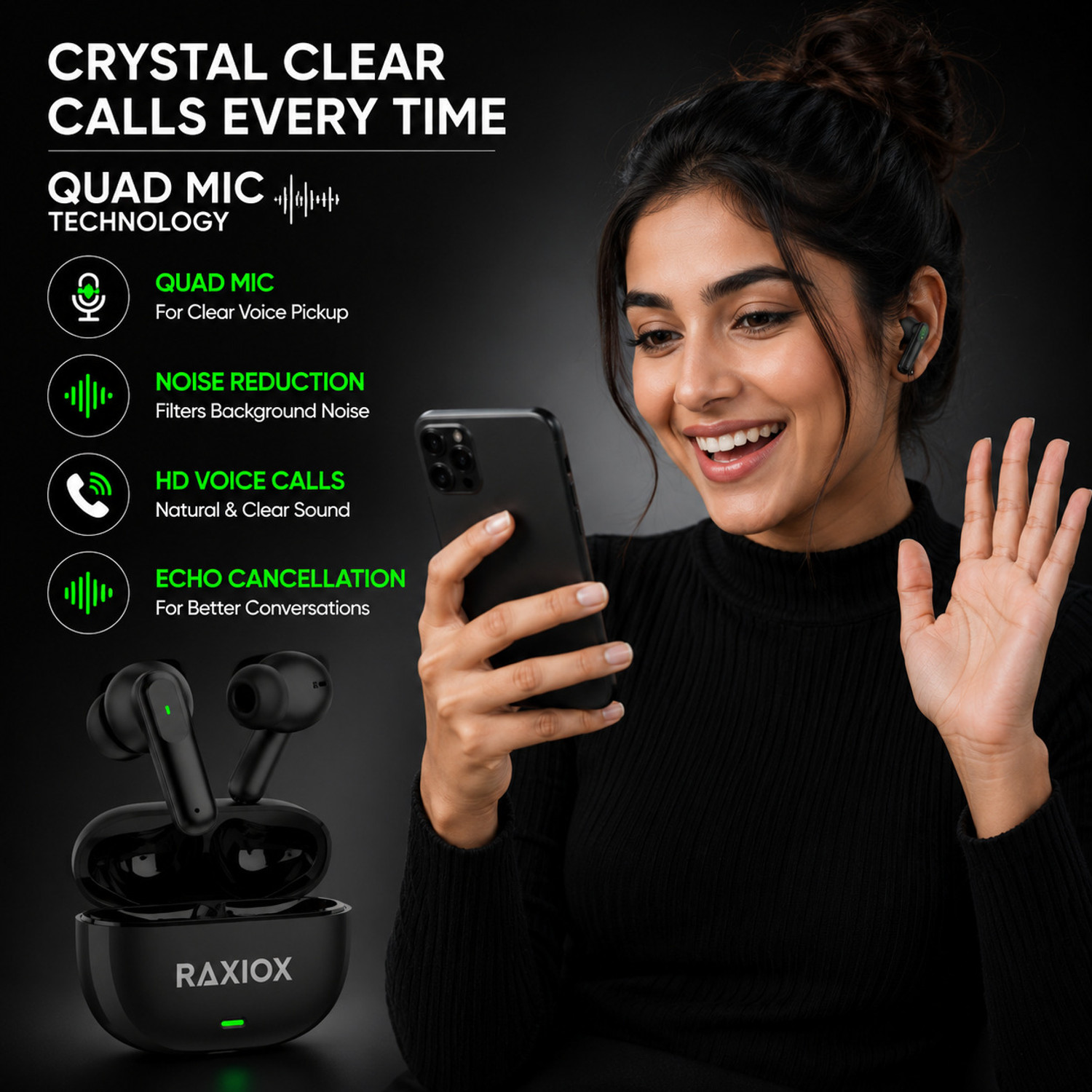Image of Raxiox Buds B151 with 75Hrs Payback Music, with 52bB ENC & 12.2mm Drivers & IP55 (BK03) Bluetooth Headset (Black, True Wireless)