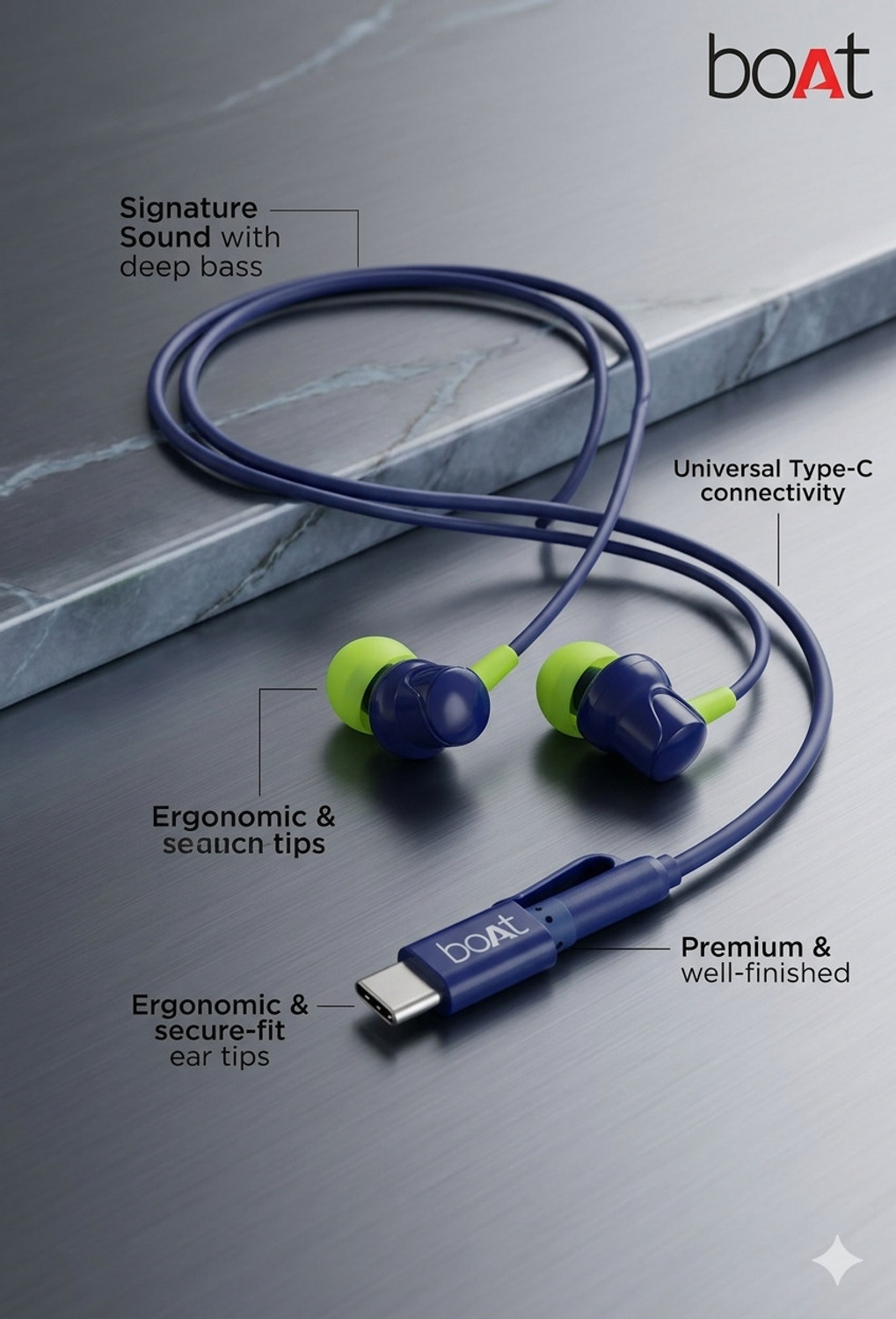 Image of RD Telinet boAt Type-C Magnetic deep bass super sound quality Wired Headset (Blue /Green, In the Ear)