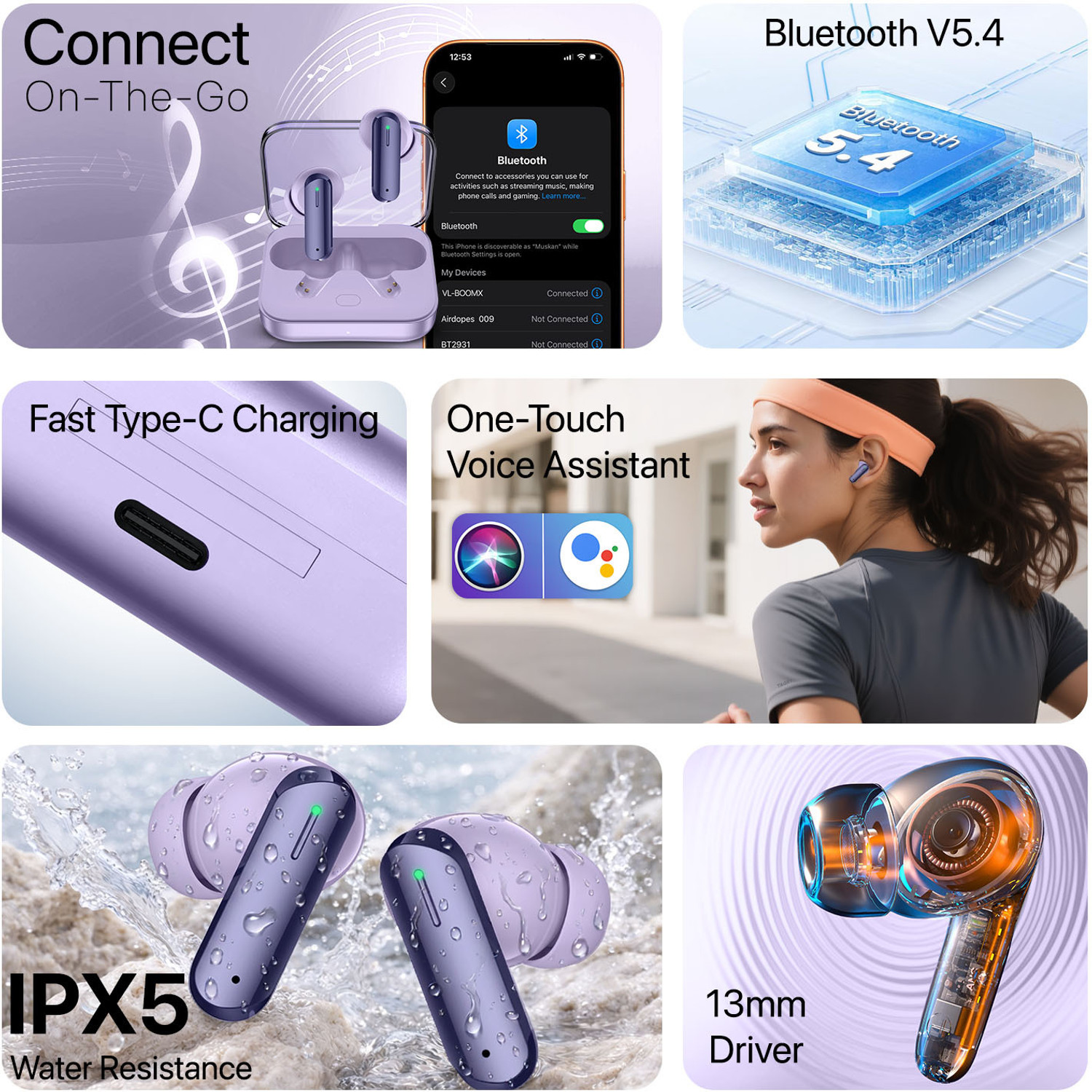 Image of Vaku Luxos BOOMX TWS Bluetooth V5.4 Earbuds 60H Playtime Deep Bass Touch Controls Bluetooth Headset (Purple, True Wireless)