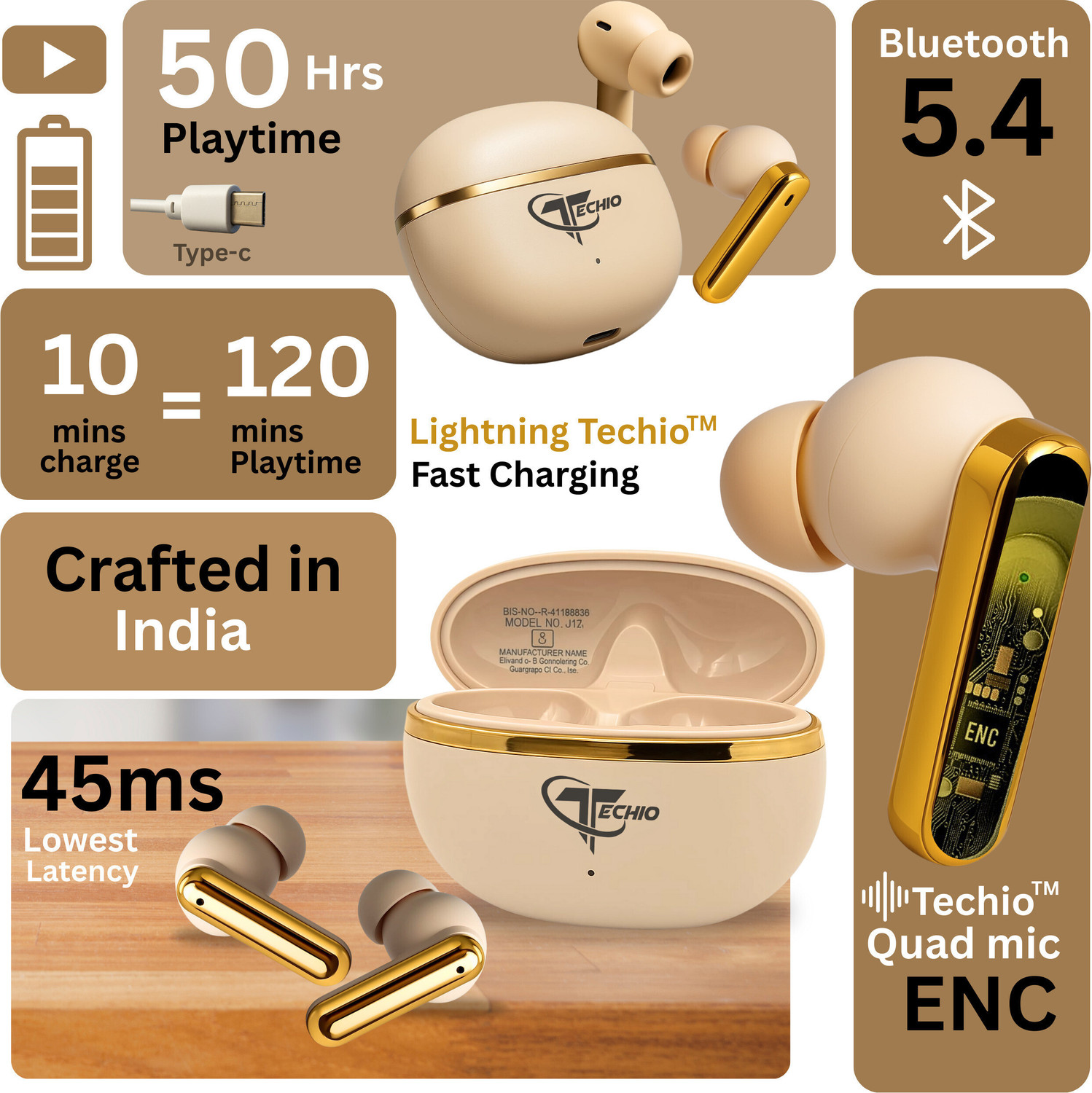 Image of TECHIO A12 Bluetooth Headset (Brown, On the Ear)