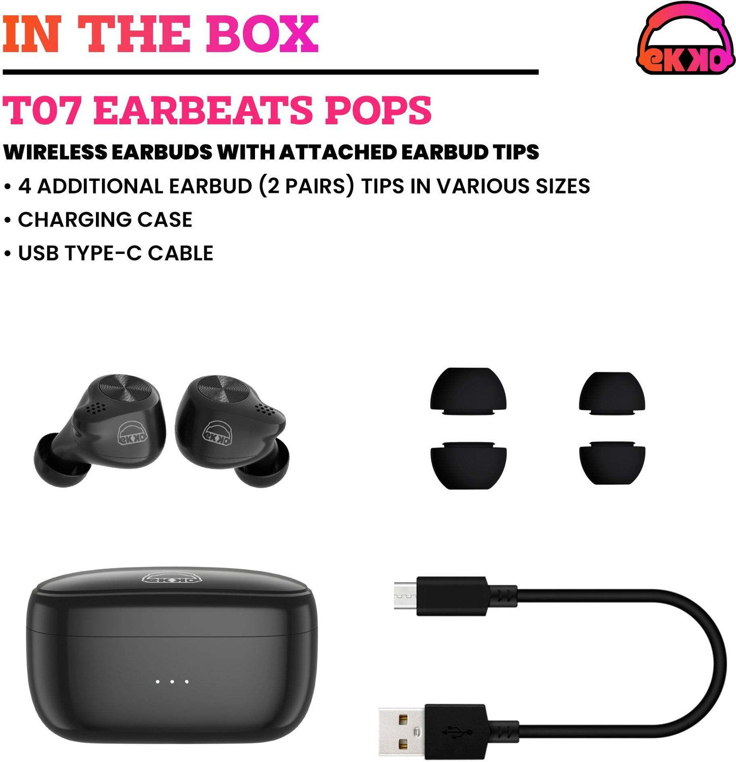 Image of Ekko Earbeats T07 TWS Earbuds, 10mm Bass, ENC Calls, Water-Resistant (Black) Bluetooth Headset (Black, True Wireless)