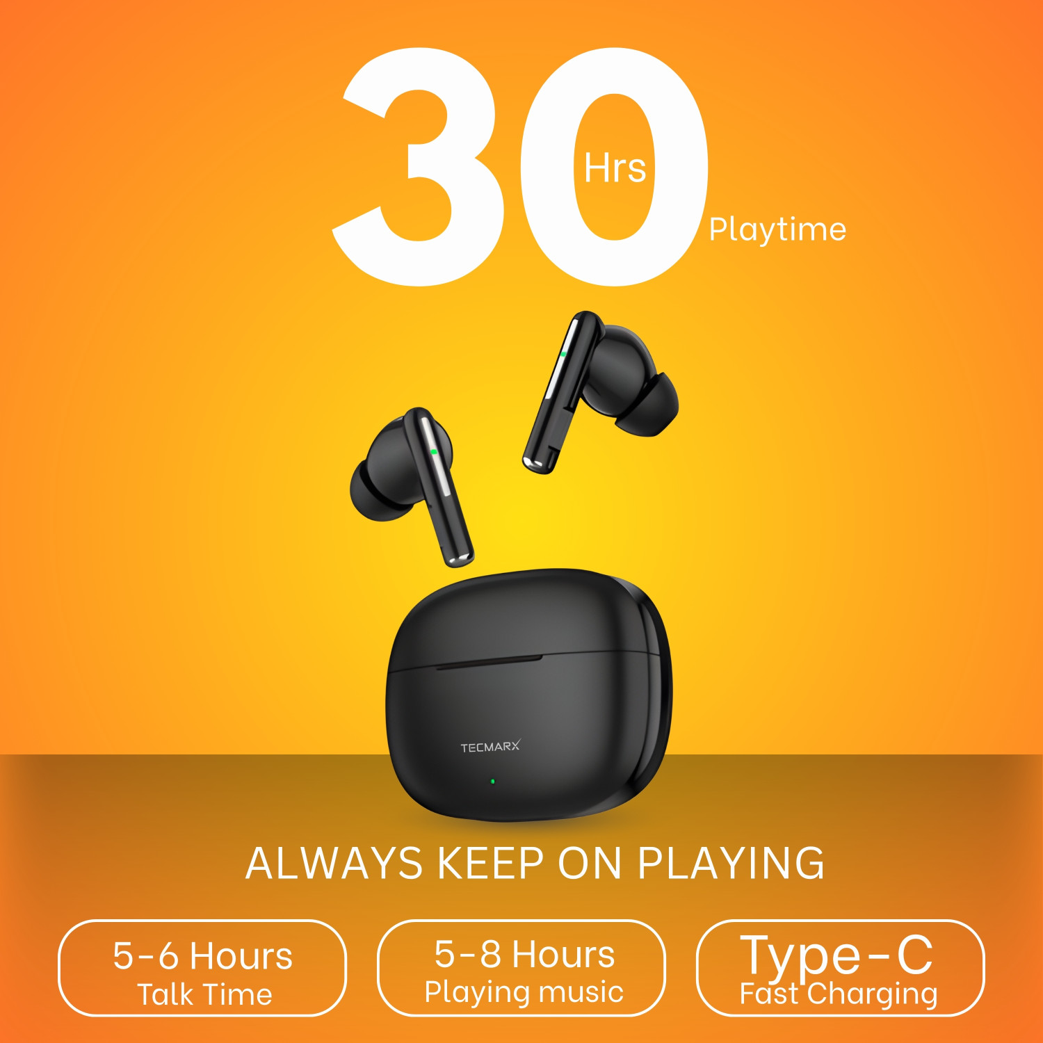 Image of Tecmarx Vibe Wireless Earbuds 30H Playtime, Deep Bass, Clear Sound Bluetooth Bluetooth Headset (Black, True Wireless)