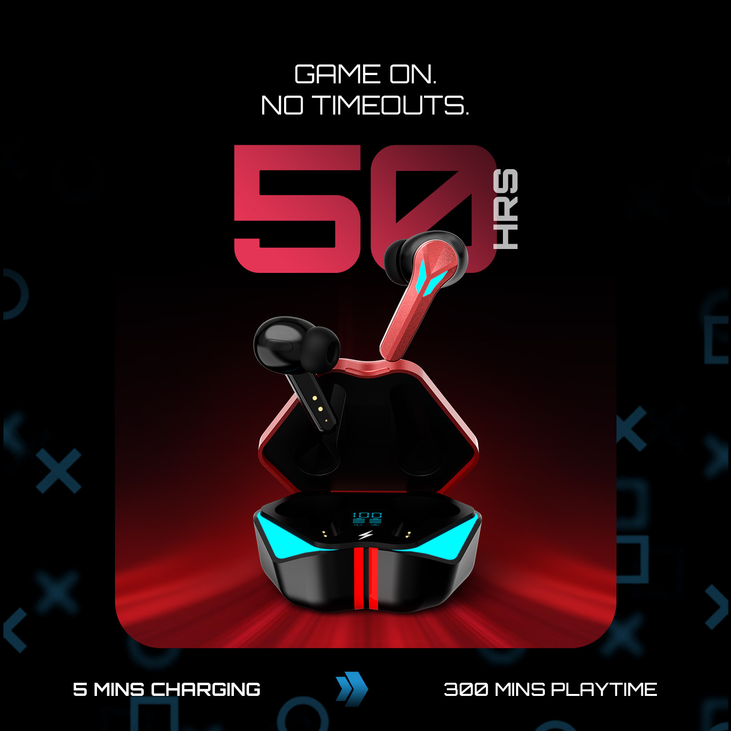Image of Fire-Boltt Aero Shadow TWS Earbuds, RGB Lights Custom EQ Profile 50H Playtime Quad Mic ENC Bluetooth Headset (Red, True Wireless)