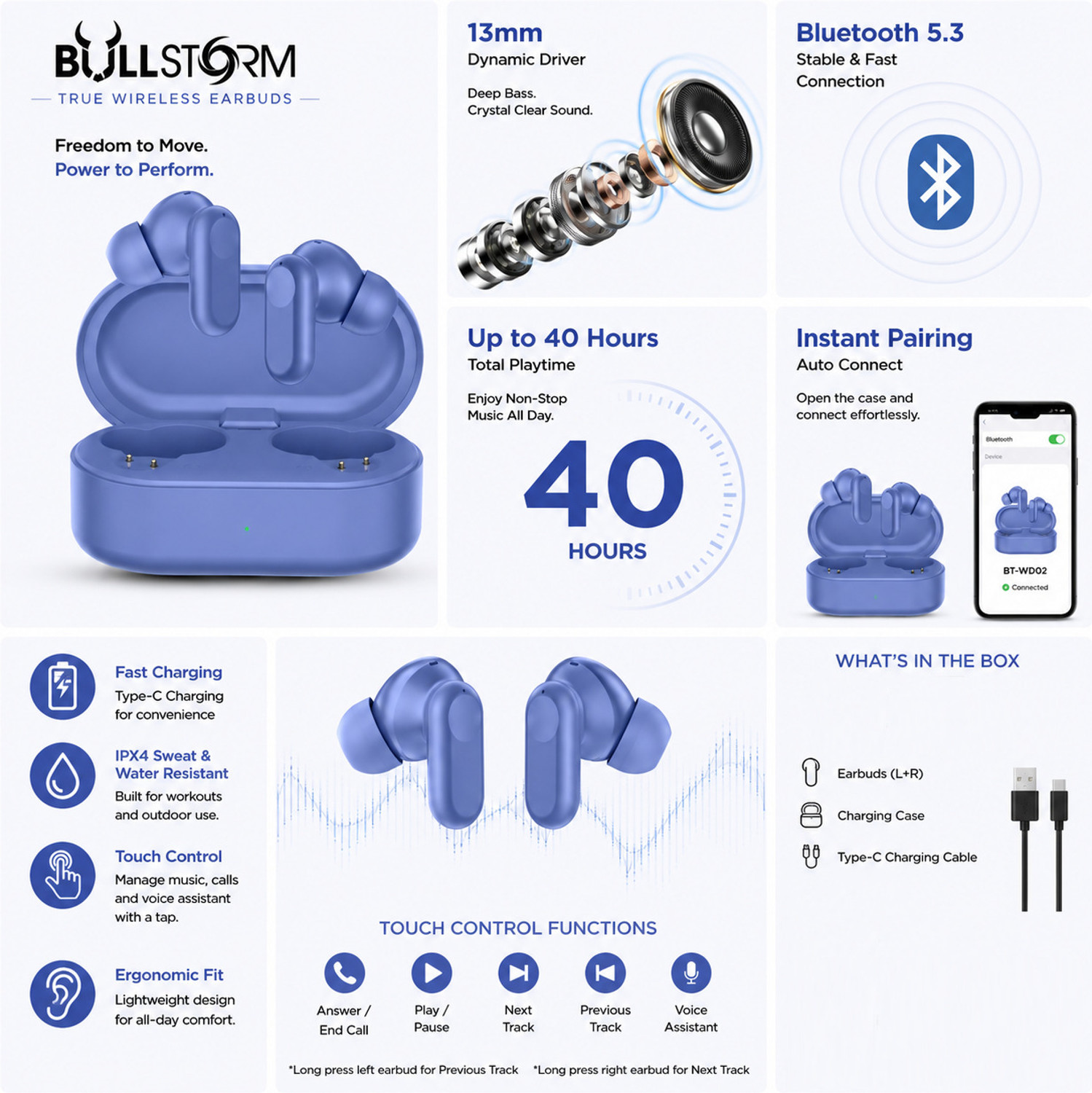 Image of BULLSTORM Soniqx 469 Earbuds with 10mm Driver BT 5.3 | 24Hrs Playtime Type-C Powerful Bass Bluetooth Headset (Blue, True Wireless)