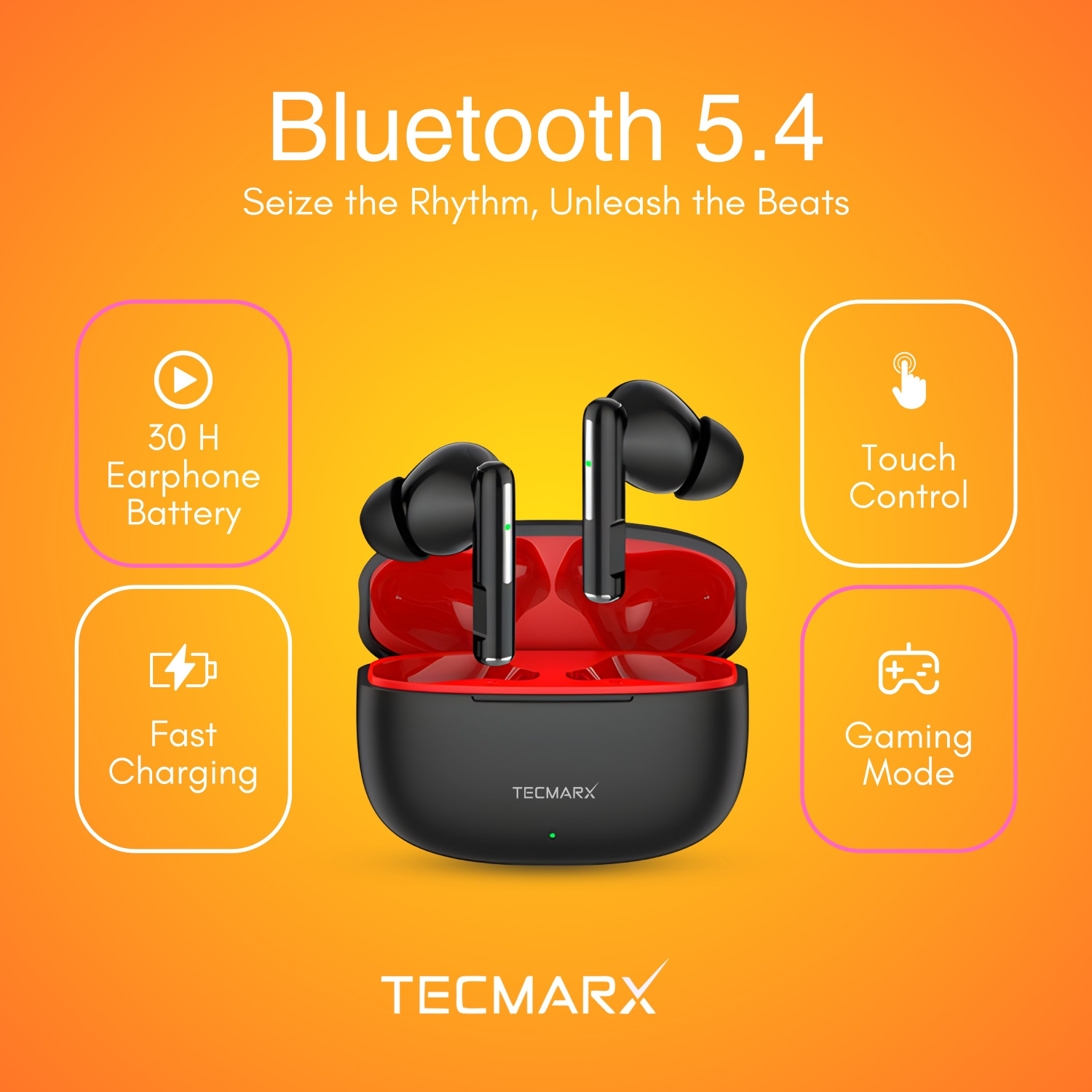 Image of Tecmarx Vibe Wireless Earbuds 30H Playtime, Deep Bass, Clear Sound Bluetooth Bluetooth Headset (Black, True Wireless)