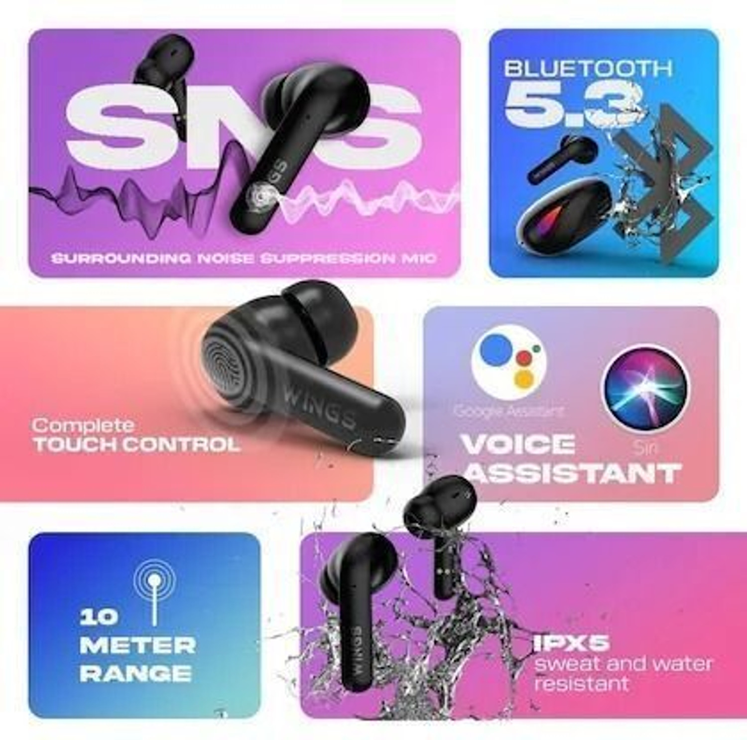 Image of WINGS Phantom 700 Buds Wireless Earbuds With 30 hrs Battery Backup,13mm Drivers Bluetooth Headset (Red, Black, In the Ear)