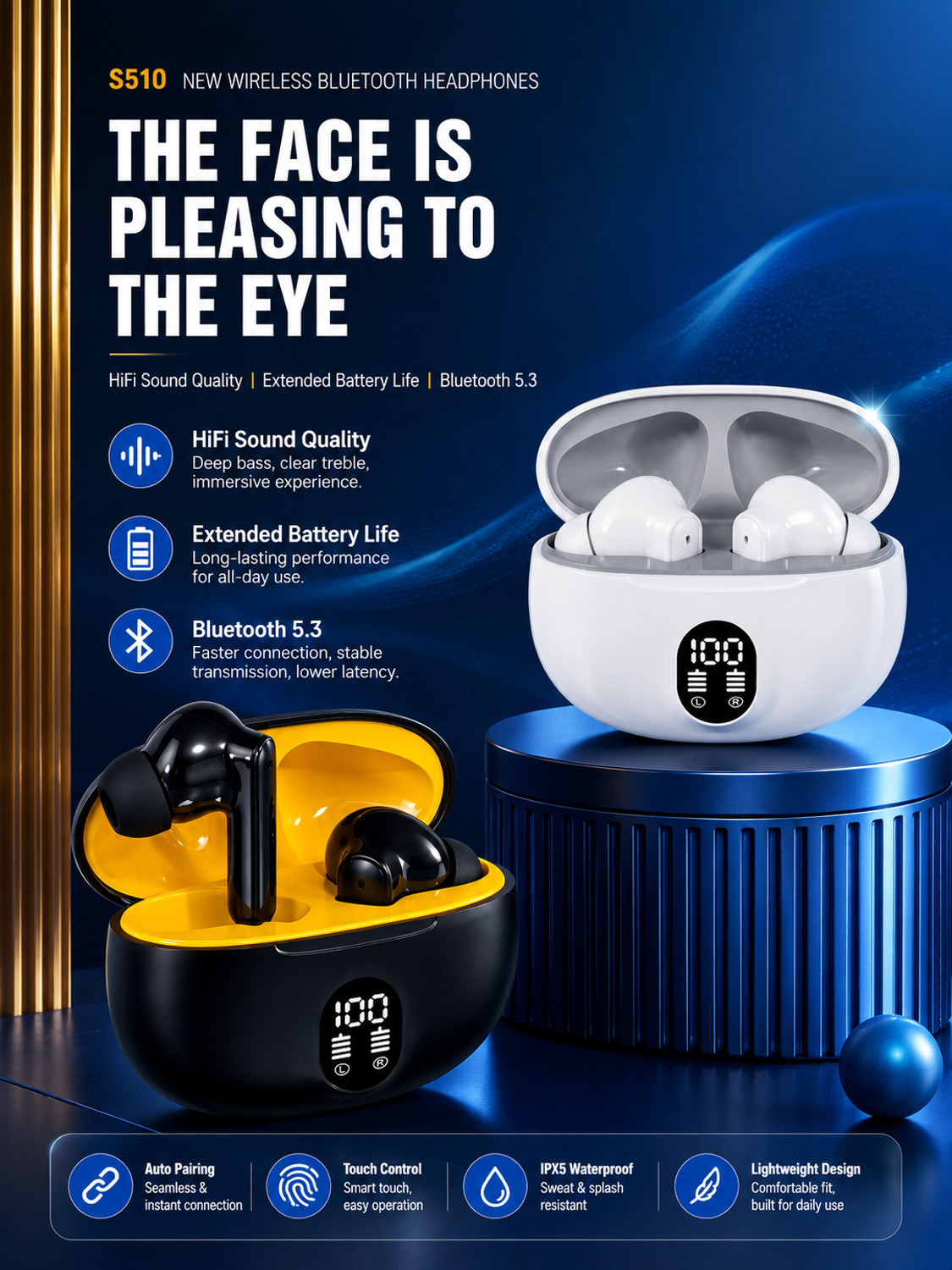 Image of snowbudy SB-895 with 25dB ANC,12.4mm Dynamic Bass Drivers,48Hrs Playback, BT5.4, IP55-14 Bluetooth Gaming Headset (Yellow, Black, True Wireless)