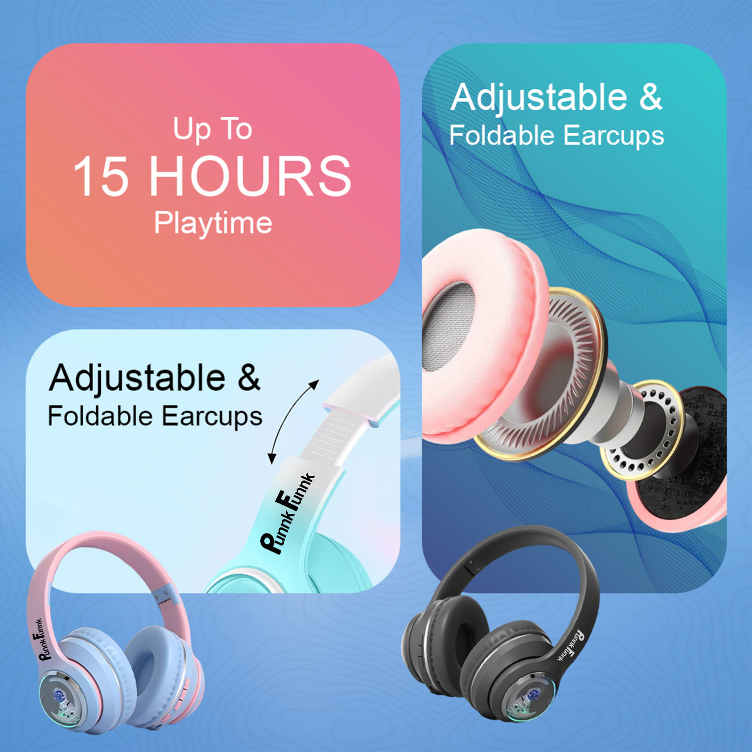 Image of PunnkFunnk Astro Over-Ear Wireless Bluetooth Headphones | Noise Cancellation, 60H Battery Bluetooth Headset (BluePink, On the Ear)