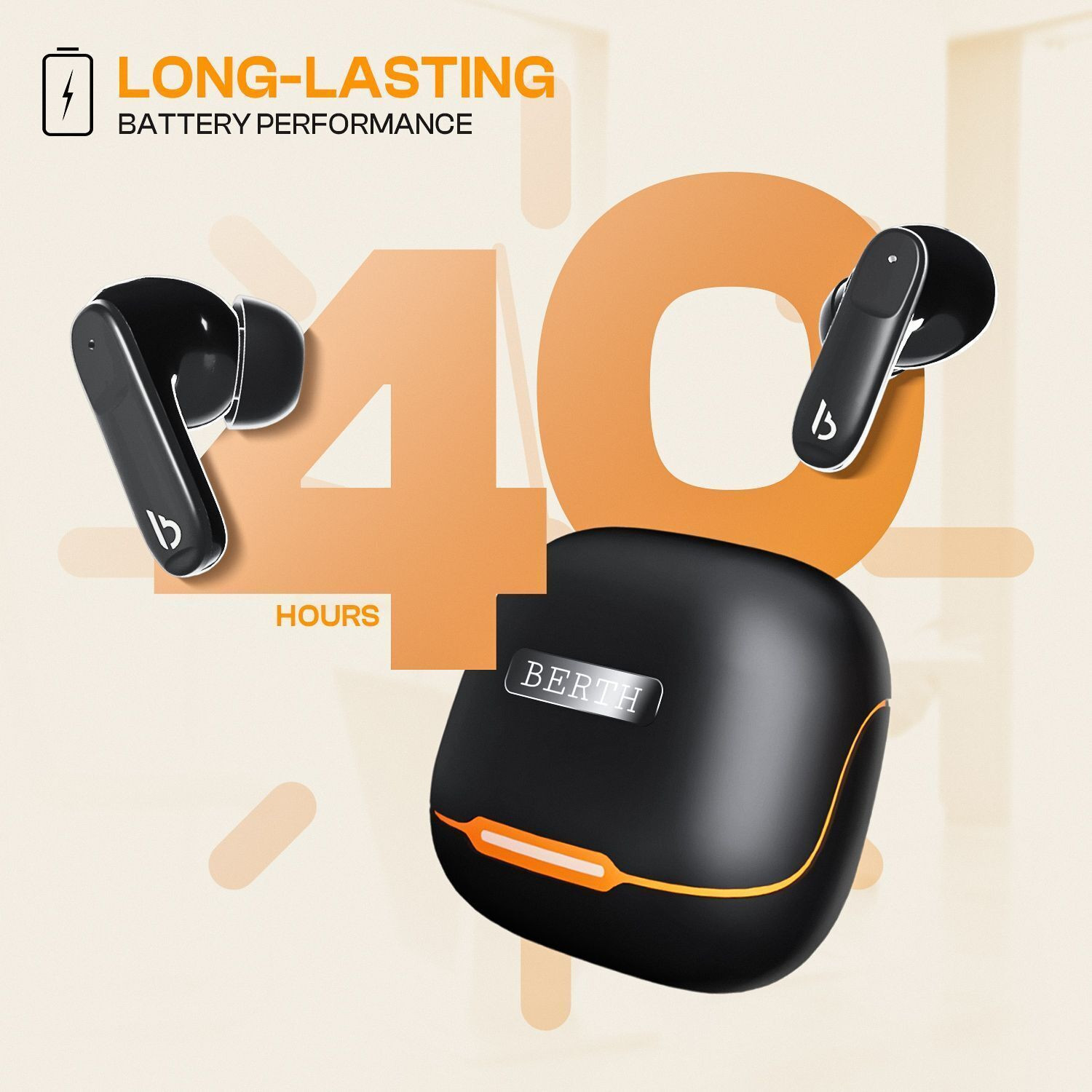 Image of BERTH X20 Earbuds with 40ms Low Latency, Bluetooth 5.4, 40H Playtime, 13 mm Driver Bluetooth Headset (Black, Orange, True Wireless)