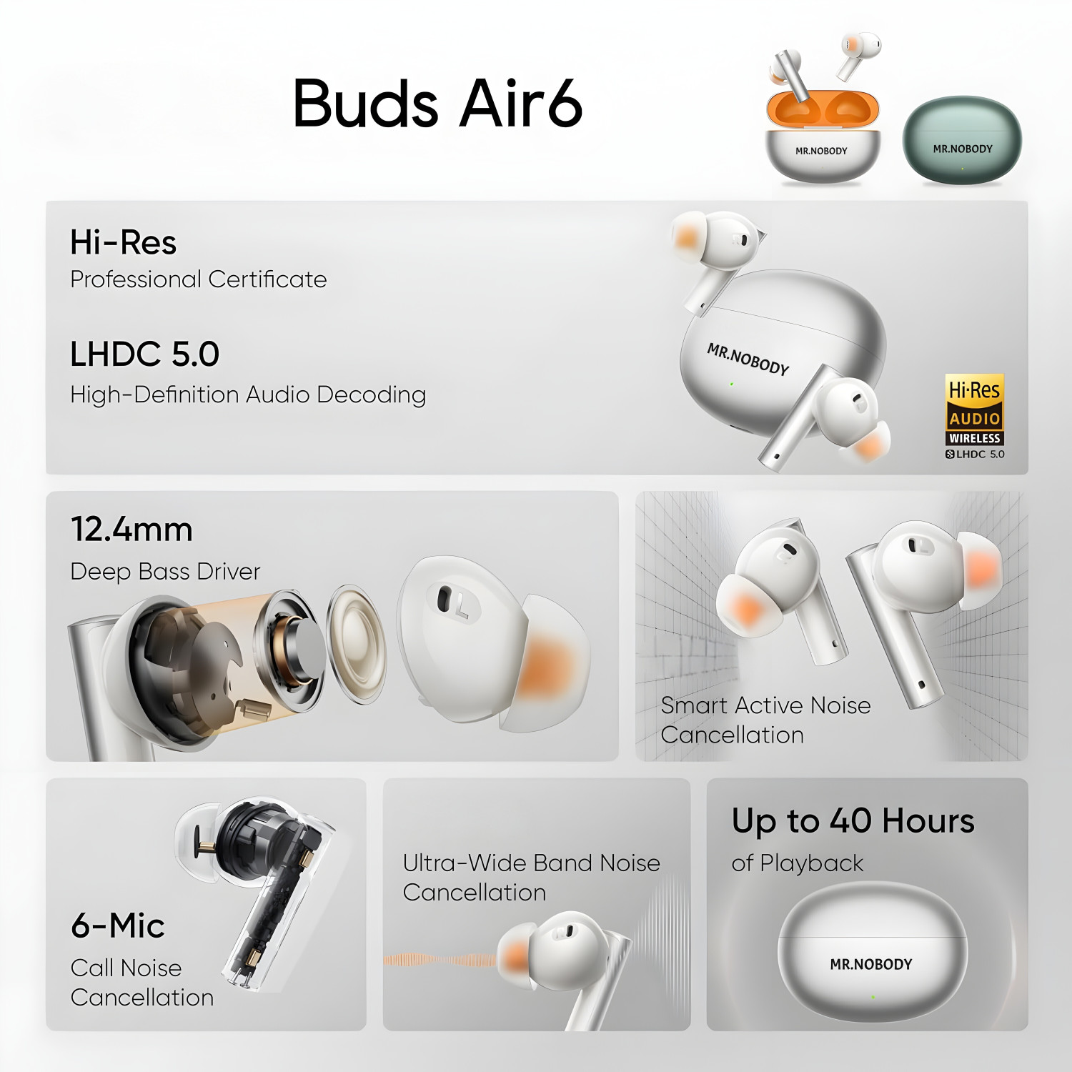 Image of MR.NOBODY Buds Air 6 TWS Earbuds, Hi-Res LHDC Audio, 12.4mm Deep Bass, 40 Hrs Playtime Bluetooth Headset (White, Silver, True Wireless)
