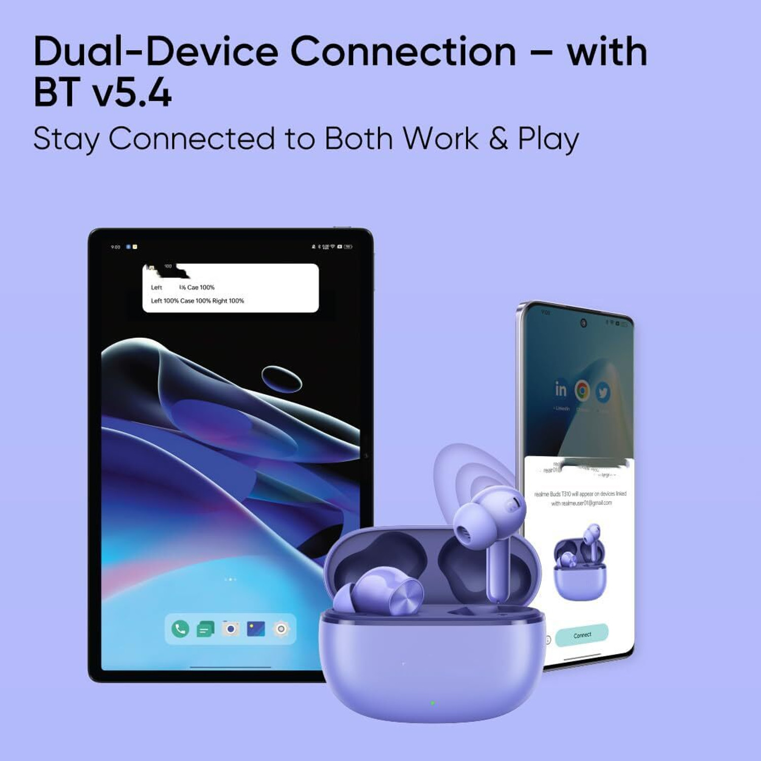 Image of Lynacz Original Compatible for Buds T200 Lite - (Purple) TWS Earbuds Bluetooth Headset (Long Battery, Fast Charging & Clear Calls, In the Ear)