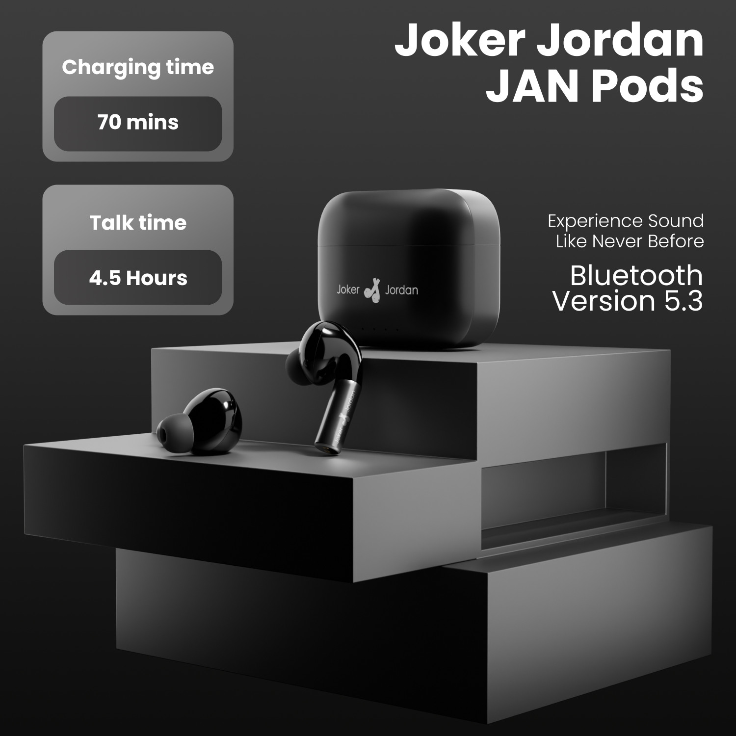 Image of Joker And Jordan TWS Earbuds with 100 HRS Playtime,(50ms Low Latency), Bluetooth v5.3 Bluetooth Headset (Black, True Wireless)