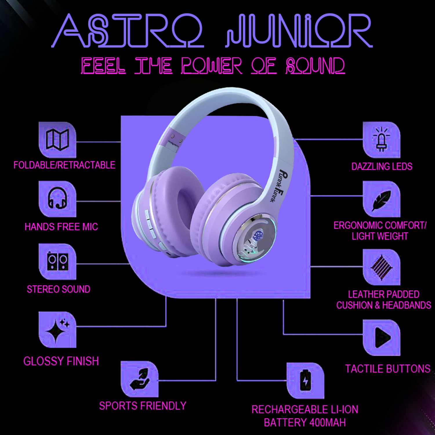Image of PunnkFunnk Astro Over-Ear Wireless Bluetooth Headphones | Noise Cancellation, 60H Battery Bluetooth Headset (BluePink, On the Ear)