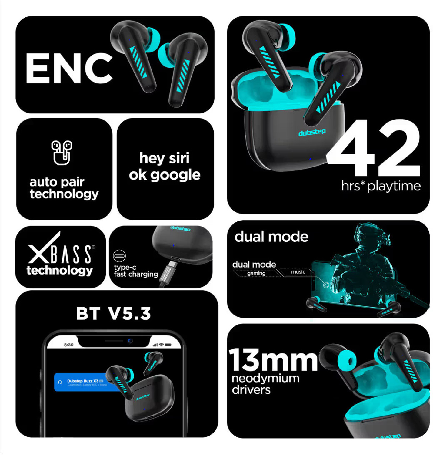 Image of Dubstep Buzz X3 In Ear True Wireless EarBuds With mic,42 hrs playtime Bluetooth Headset (Black & Blue, True Wireless)