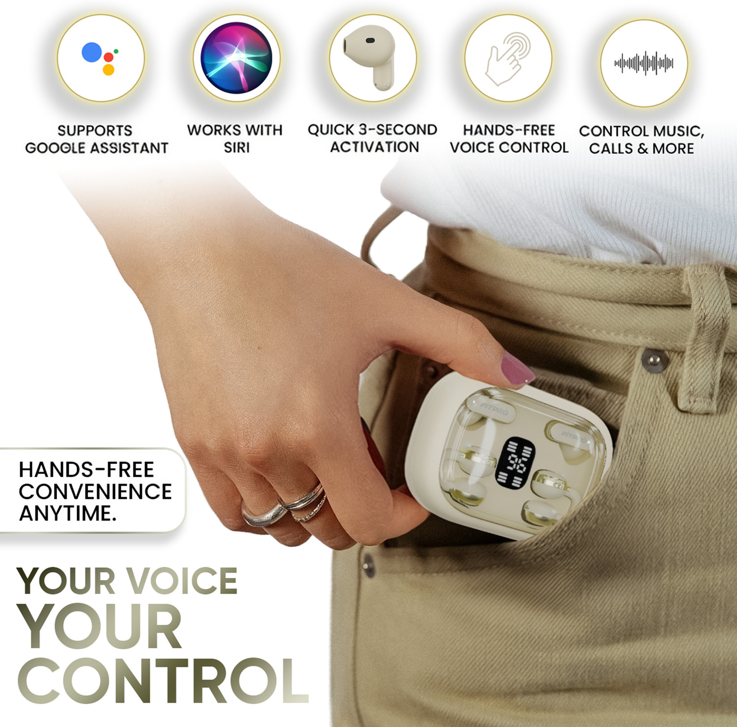 Image of Fitpro Q10 TWS Wireless Earbuds | Twin-Couple Headphones | Bluetooth 5.4 Bluetooth Headset (Beige, True Wireless)