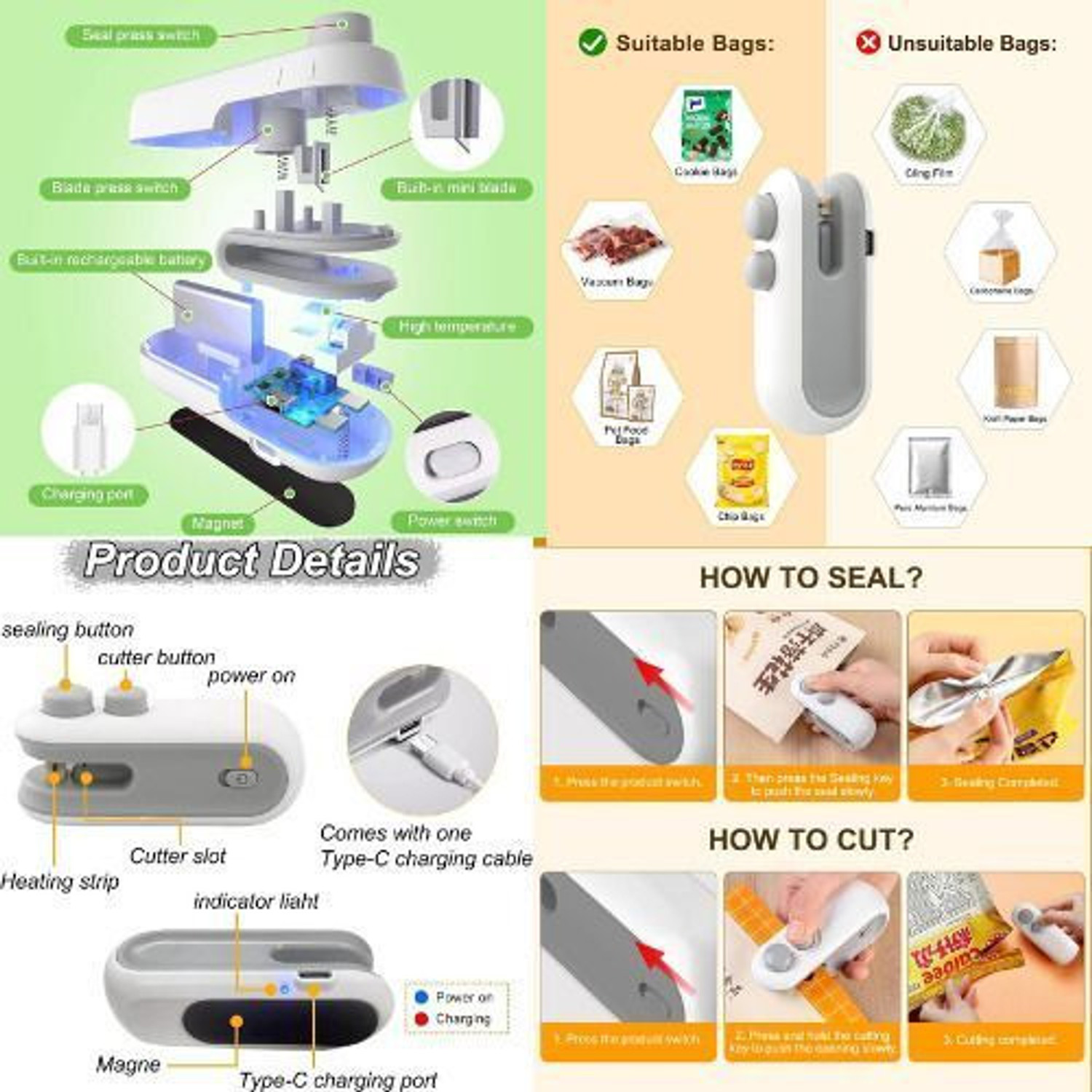 Image of SRBKfashion Mini Sealing Machine ๐ช | USB Rechargeable Handheld Sealer for Food & Snacks Hand Held Heat Sealer (90 mm)