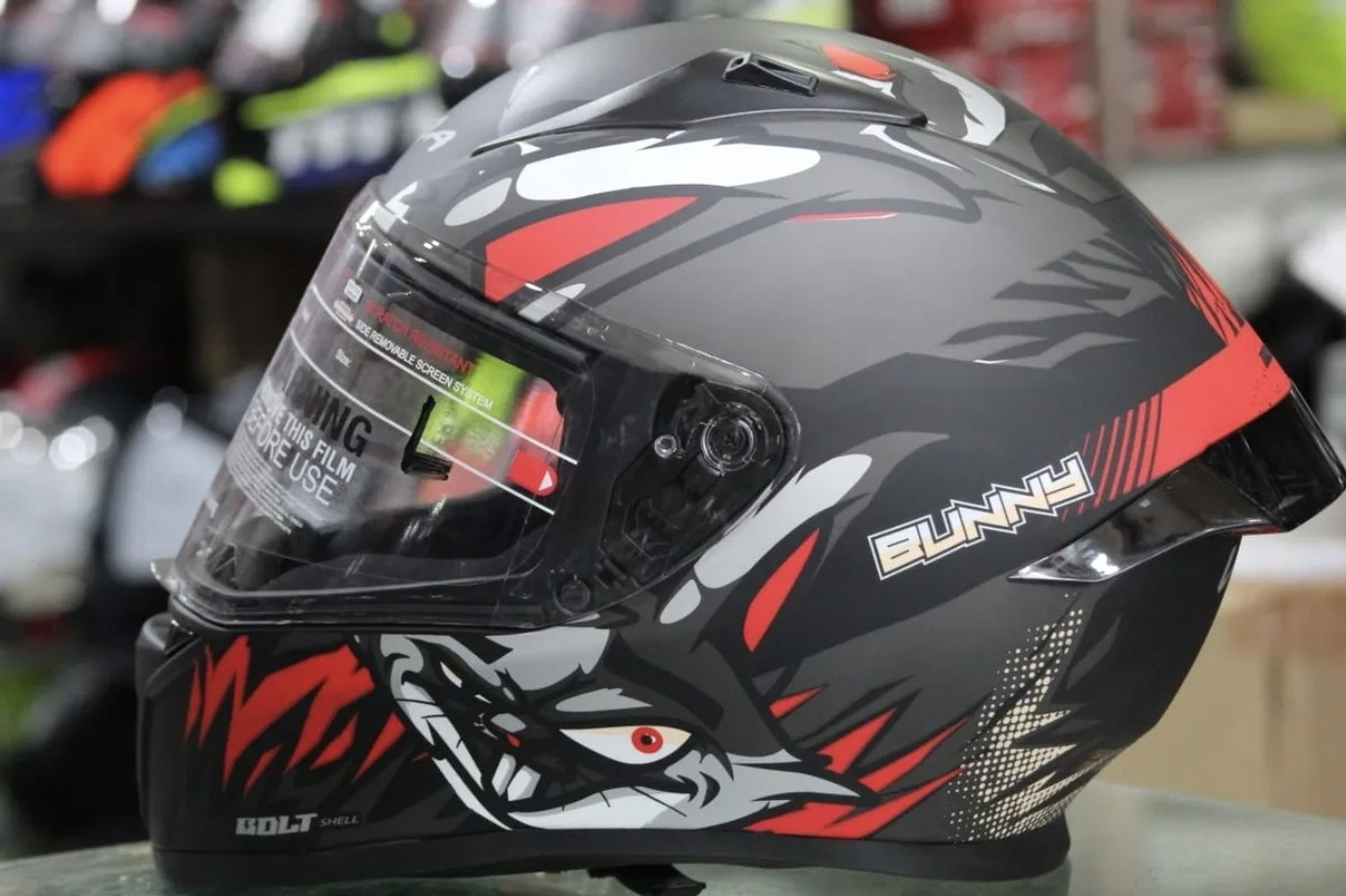 Image of CR Decals Designs Vega Bolt Bunny Motorbike Helmet (Black, Red)
