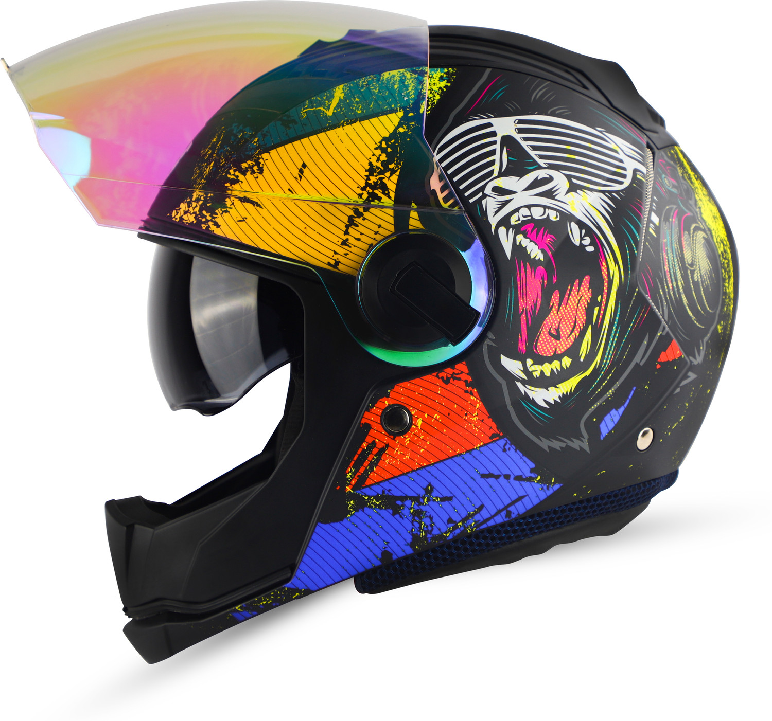 Image of Steelbird SBA-2 Monkey ISI Certified Full Face Photochromic Graphic with Inner Sun Shield Motorbike Helmet (Glossy Blue with Night Vision Green Visor)