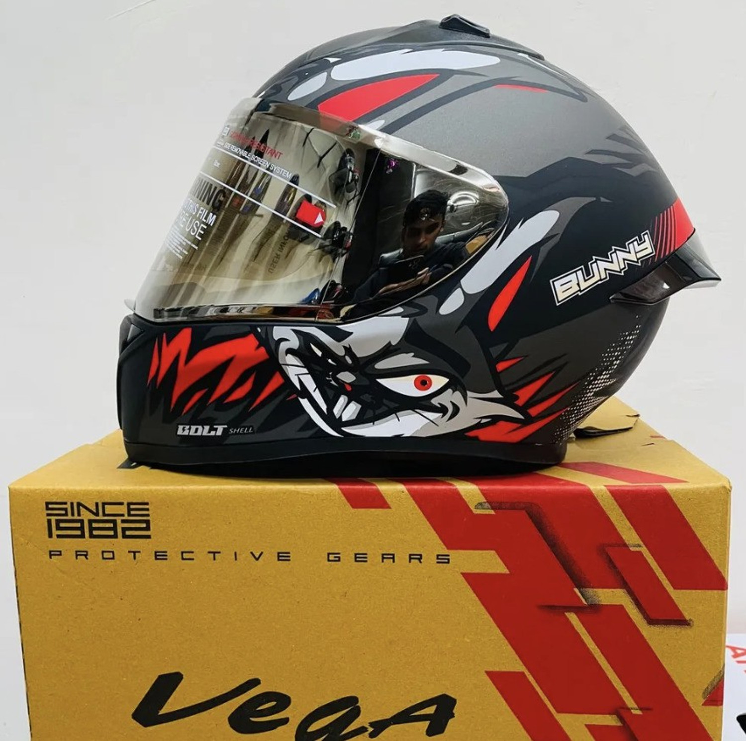 Image of CR Decals Designs Vega Bolt Bunny Motorbike Helmet (Black, Red)