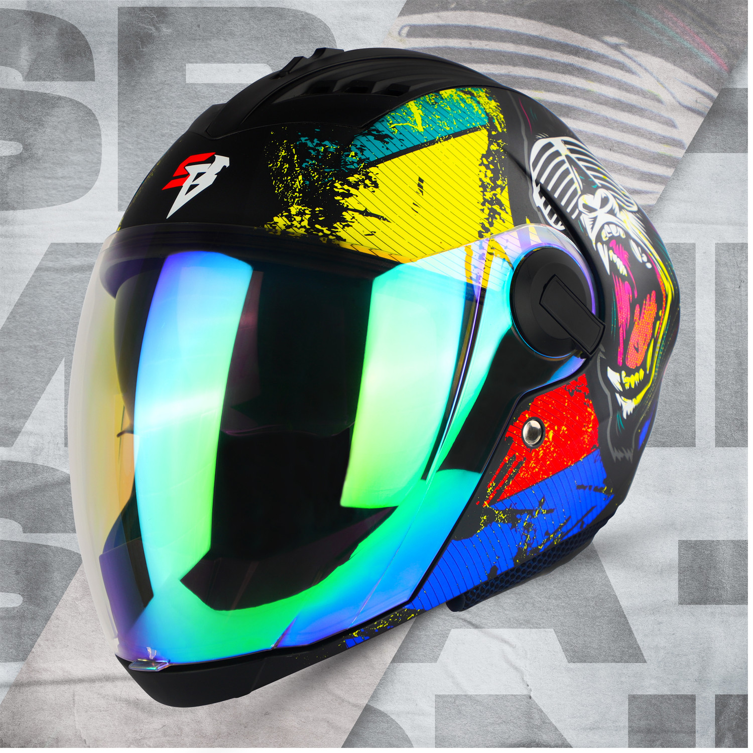 Image of Steelbird SBA-2 Monkey ISI Certified Full Face Photochromic Graphic with Inner Sun Shield Motorbike Helmet (Glossy Blue with Night Vision Green Visor)