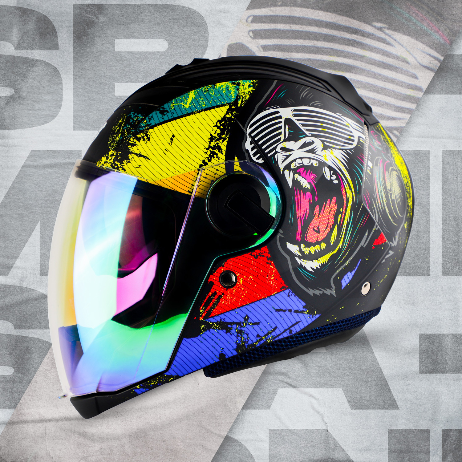 Image of Steelbird SBA-2 Monkey ISI Certified Full Face Photochromic Graphic with Inner Sun Shield Motorbike Helmet (Glossy Blue with Night Vision Green Visor)