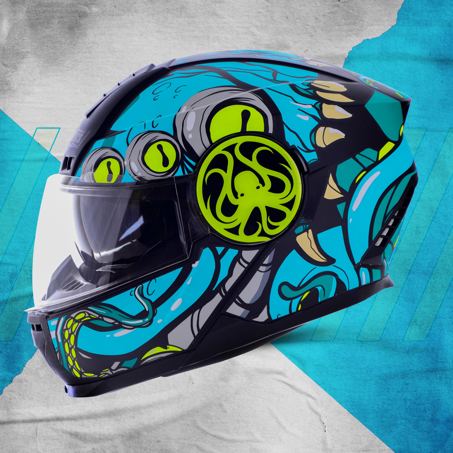 Image of Steelbird SBH-40 Octopus ISI Certified Full Face Graphic Helmet with Inner Sun Shield Motorbike Helmet (Glossy Black Sea Green)