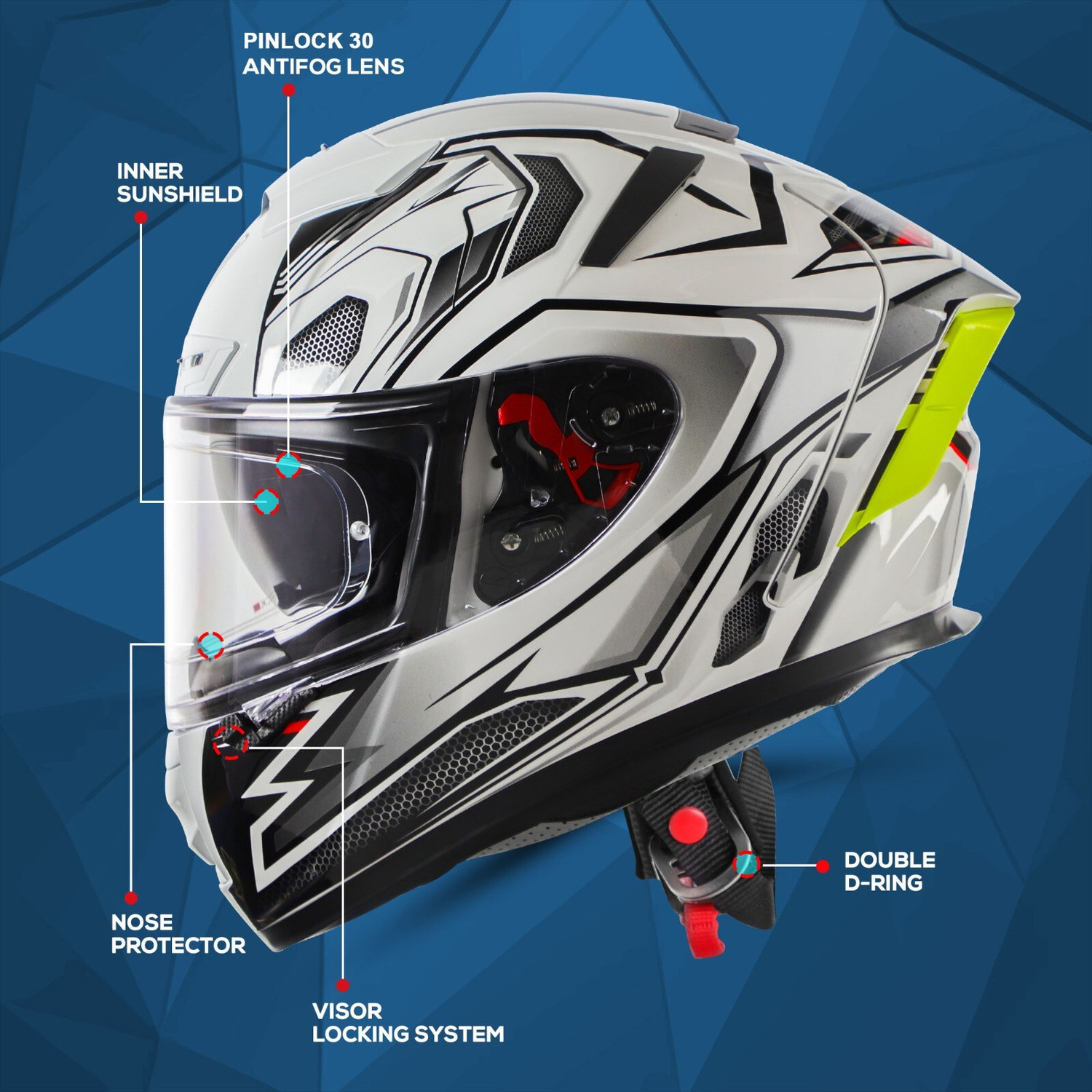 Image of IGNYTE IGN-4 Racer ISI /DOT Certified Full Face Graphic Helmet with Inner Sun Shield Motorbike Helmet (Glossy Black White with Anti Fog Clear Visor)