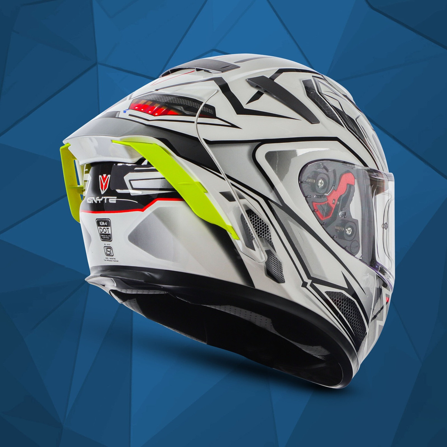 Image of IGNYTE IGN-4 Racer ISI /DOT Certified Full Face Graphic Helmet with Inner Sun Shield Motorbike Helmet (Glossy Black White with Anti Fog Clear Visor)