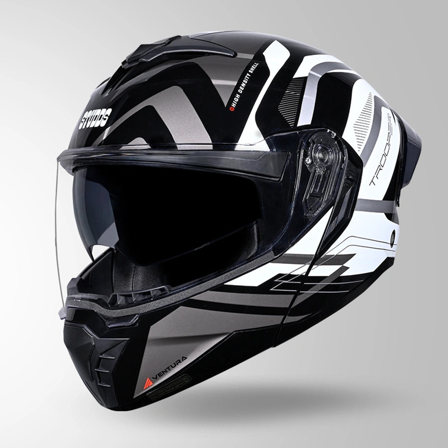Image of STUDDS Trooper D3 isi & Dot Certified Flip-up Full Face 580mm with Dual Visor Motorbike Helmet (Glossy Black N6 White)