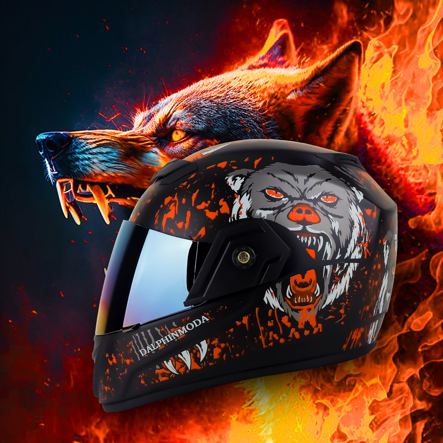 Dalphin Moda Jazz Graphic Wolf Sticker ISI Approved Motorbike Helmet - Image 1