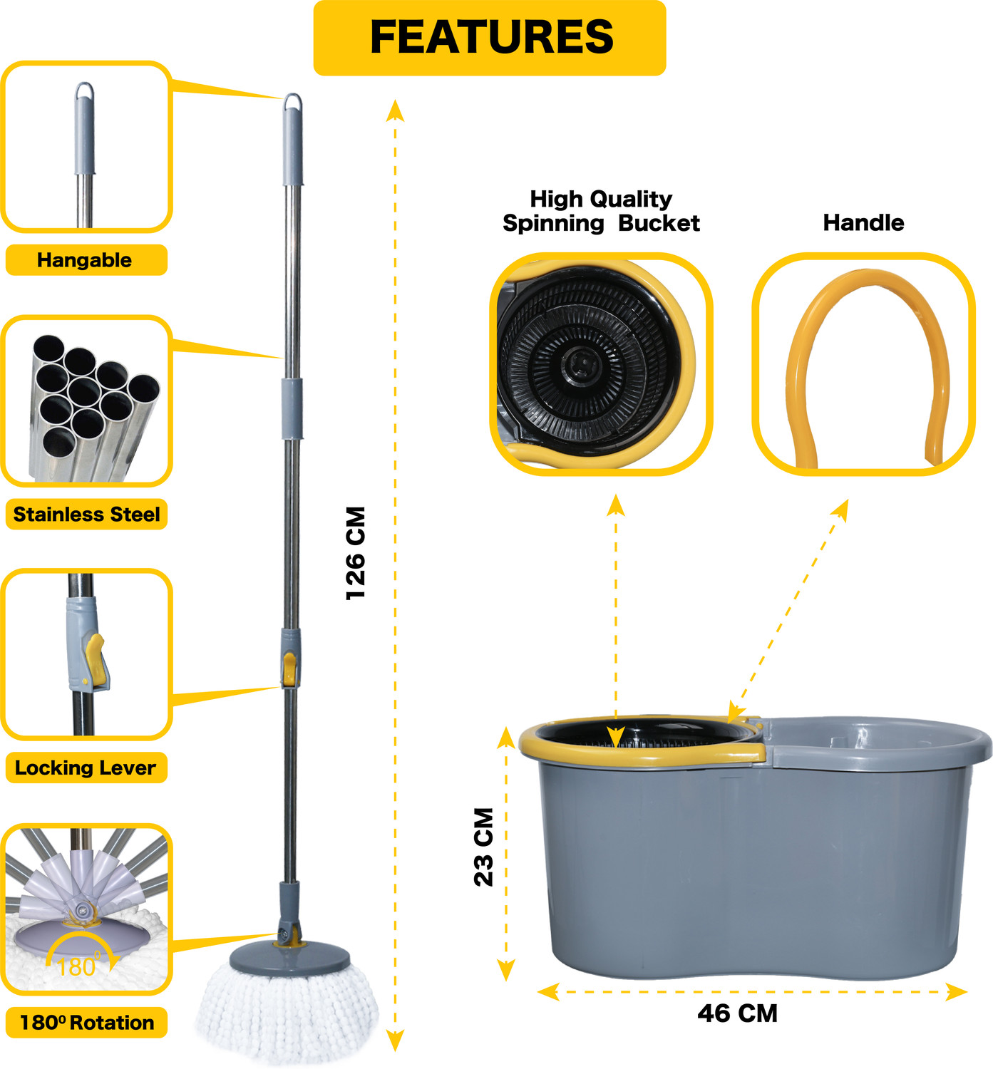 Image of Esquire Grey Plastic 360� Spin Mop Set with Easy Wheels Floor Wiper (Multicolor)