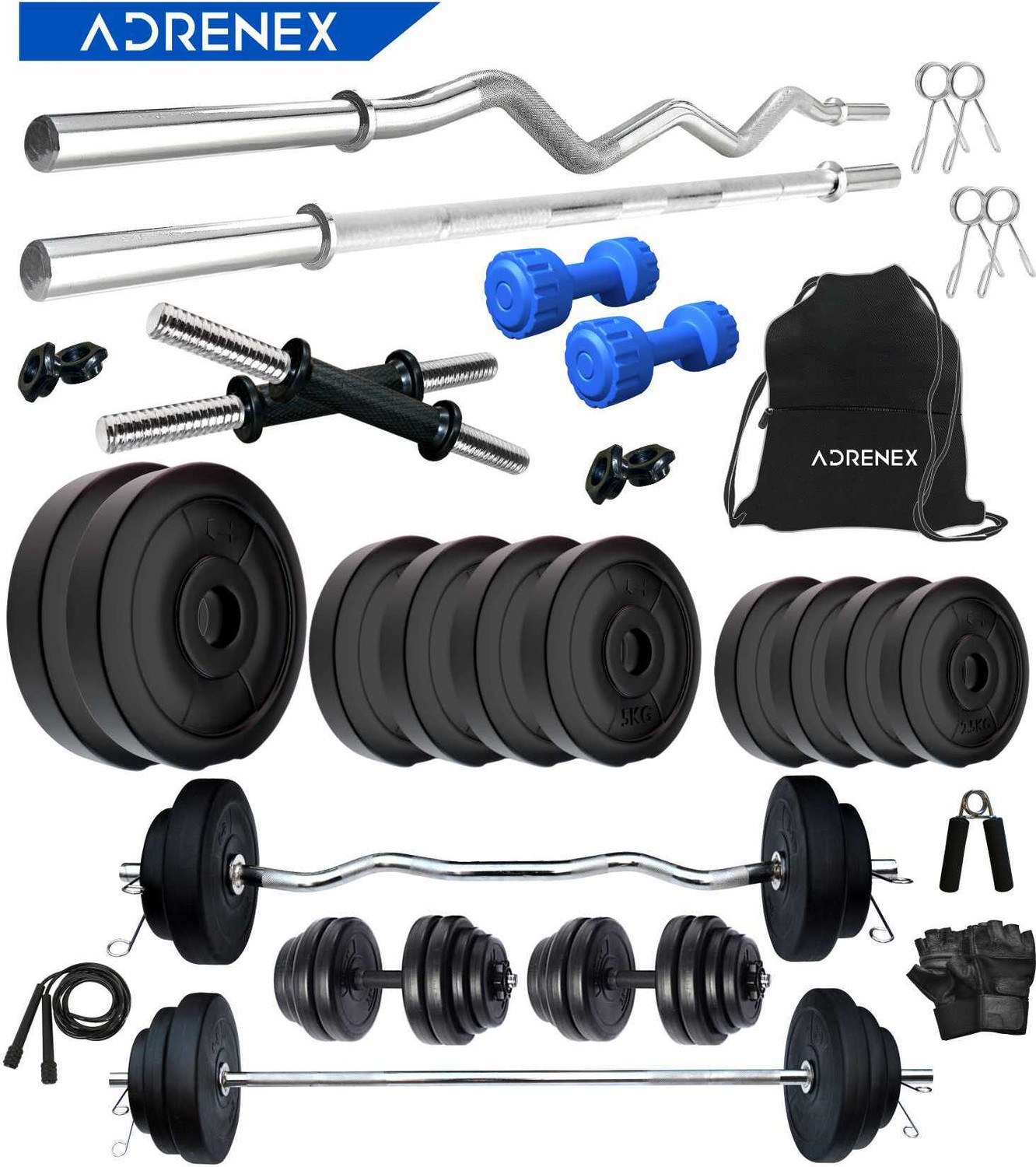 Image of Adrenex 50 kg with Straight, Curl , Dumbbell Rods , PVC Dumbbells & Gym Accessories Home Gym Combo