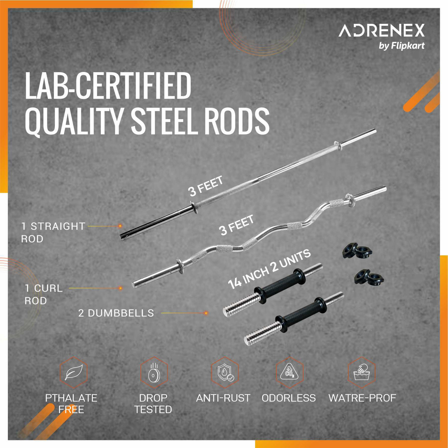 Image of Adrenex 50 kg with Straight, Curl , Dumbbell Rods , PVC Dumbbells & Gym Accessories Home Gym Combo