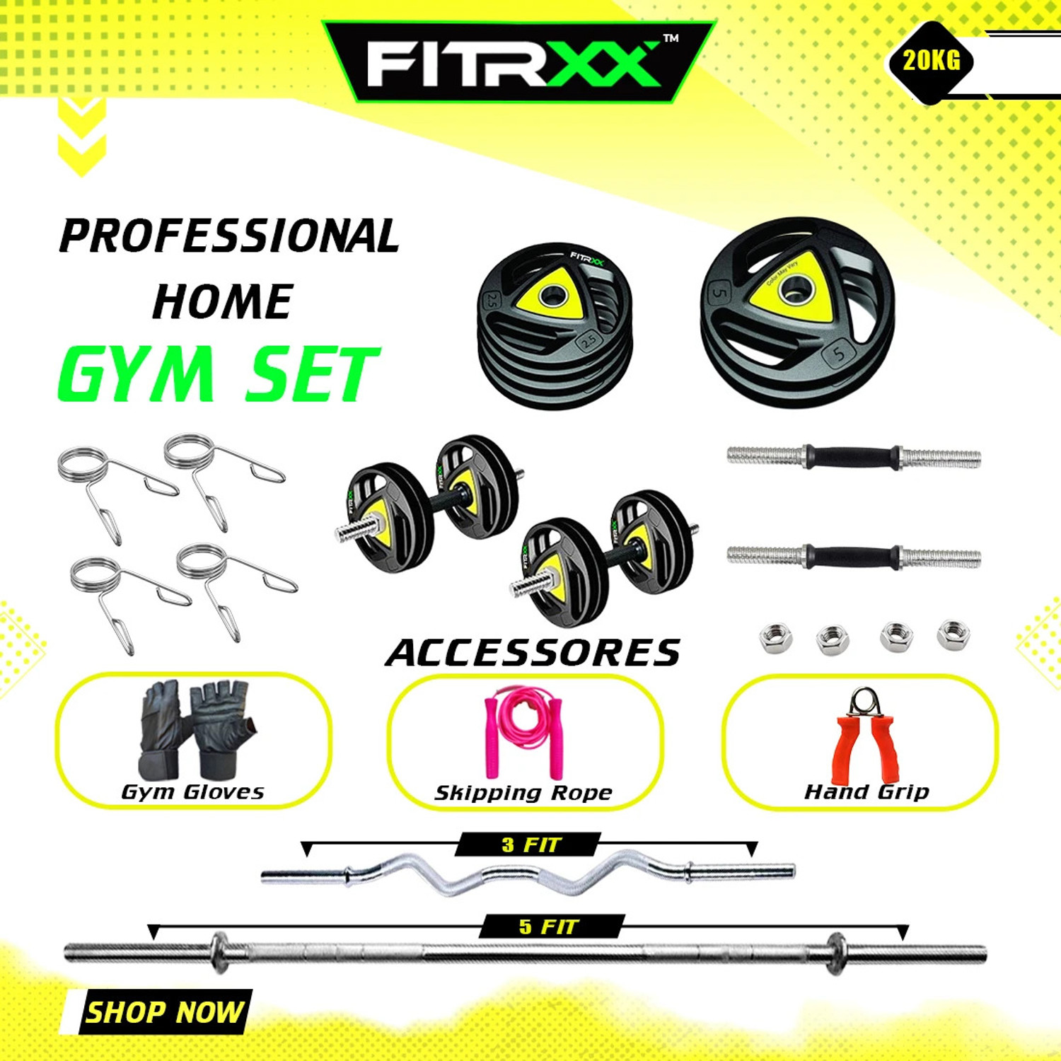 Image of POWER FITNESS 25 kg 20KG PVC Weight Set with Dumbbell Rods, 3ft CURL Rod & ACC Gym Gym & Fitness Kit Home Gym Combo