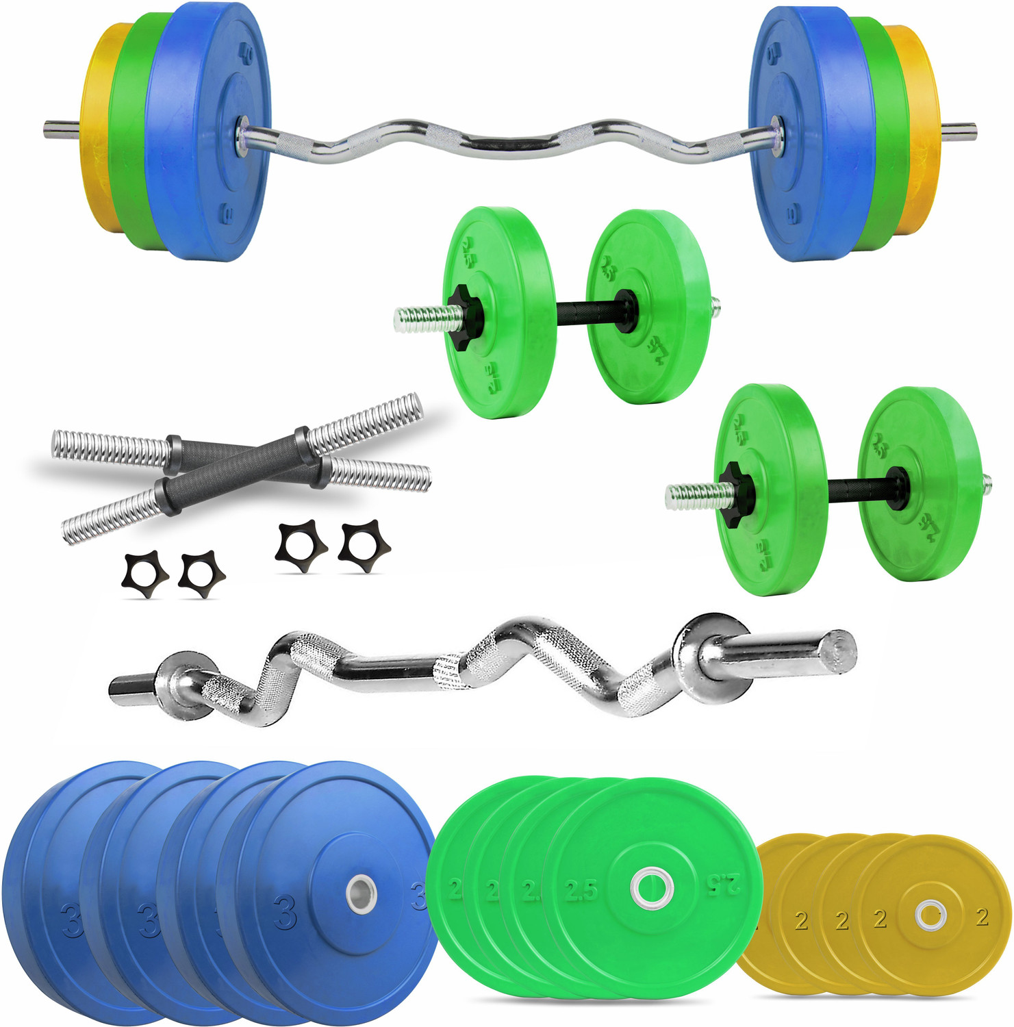 Image of POWER FITNESS 0.4 kg 30KG PVC Weight Set with Dumbbell Rods, 3ft curl Rod & Acc Gym Fitness Home Gym Combo