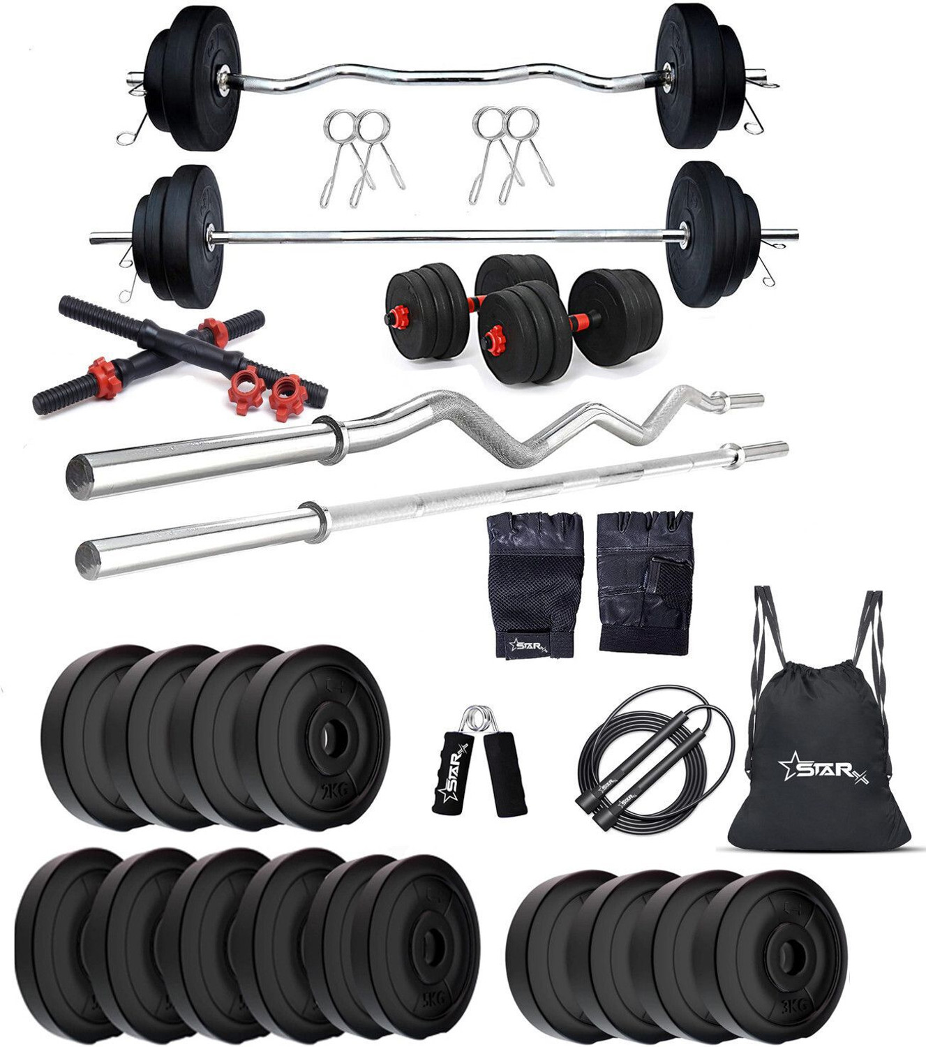 Image of JMB 31 kg 30KG-pvc plates(5*4 /2.5*4), 3ft straight rod, dumbbell rod & Accessories Home Gym Combo