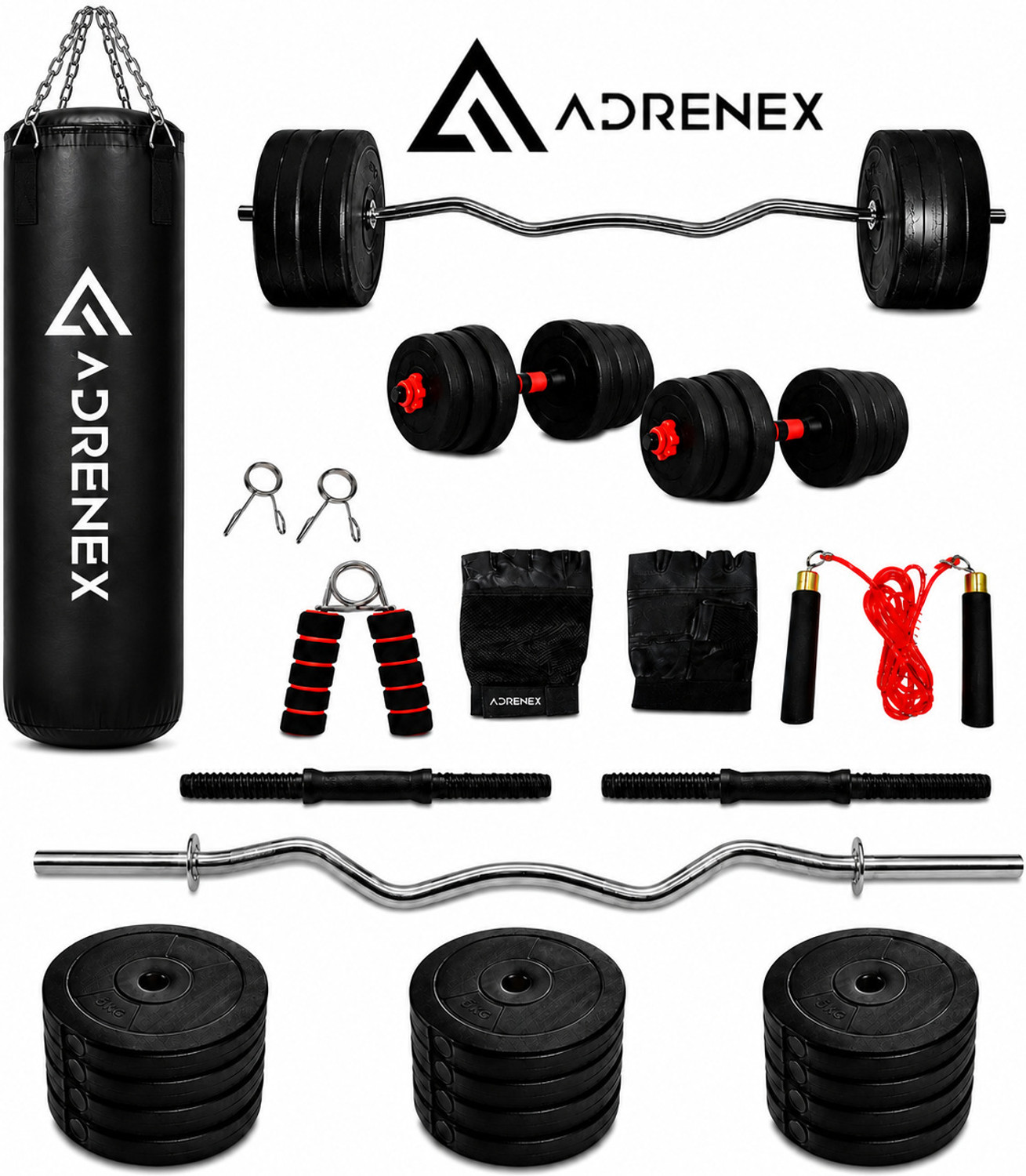 Image of Adrenex 50 kg with Straight, Curl , Dumbbell Rods , PVC Dumbbells & Gym Accessories Home Gym Combo