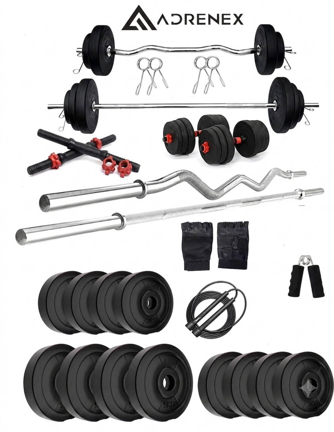 Image of Adrenex 50 kg with Straight, Curl , Dumbbell Rods , PVC Dumbbells & Gym Accessories Home Gym Combo