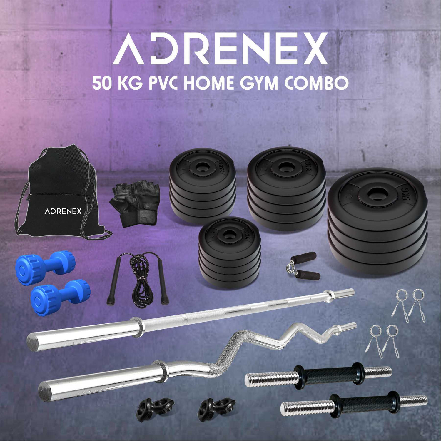 Image of Adrenex 50 kg with Straight, Curl , Dumbbell Rods , PVC Dumbbells & Gym Accessories Home Gym Combo
