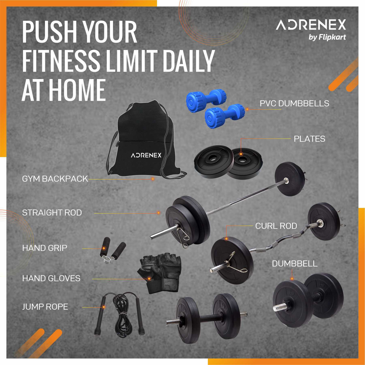 Image of Adrenex 50 kg with Straight, Curl , Dumbbell Rods , PVC Dumbbells & Gym Accessories Home Gym Combo