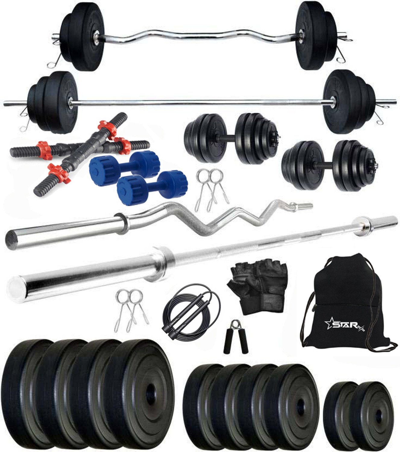 Image of POWER FITNESS 0.4 kg 30KG PVC Weight Set with Dumbbell Rods, 3ft curl Rod & Acc Gym Fitness Home Gym Combo