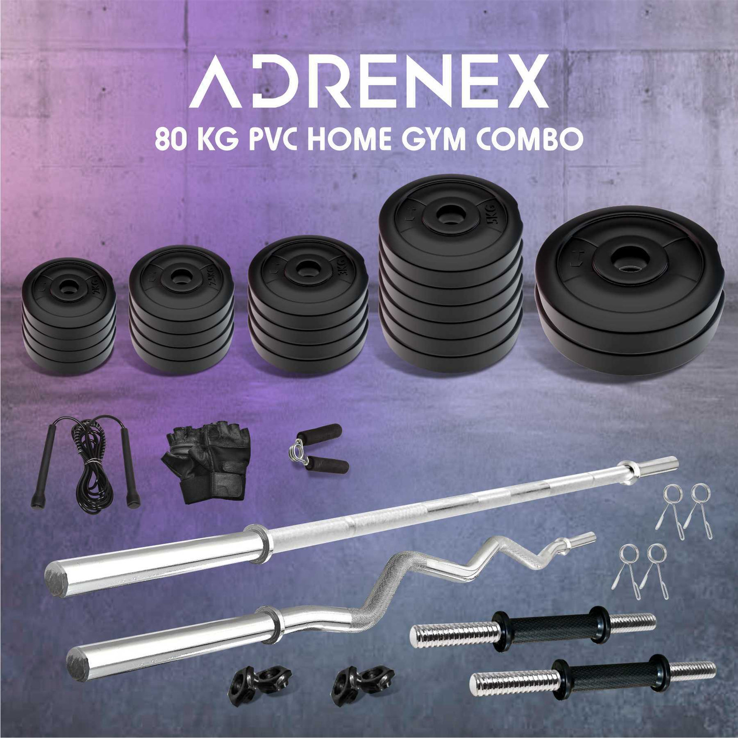 Image of ANSH FIT 2.275 kg 50KG PVC Complete Gym Kit with Dumbbell Rods, Straight Bar & Accessories Home Gym Combo