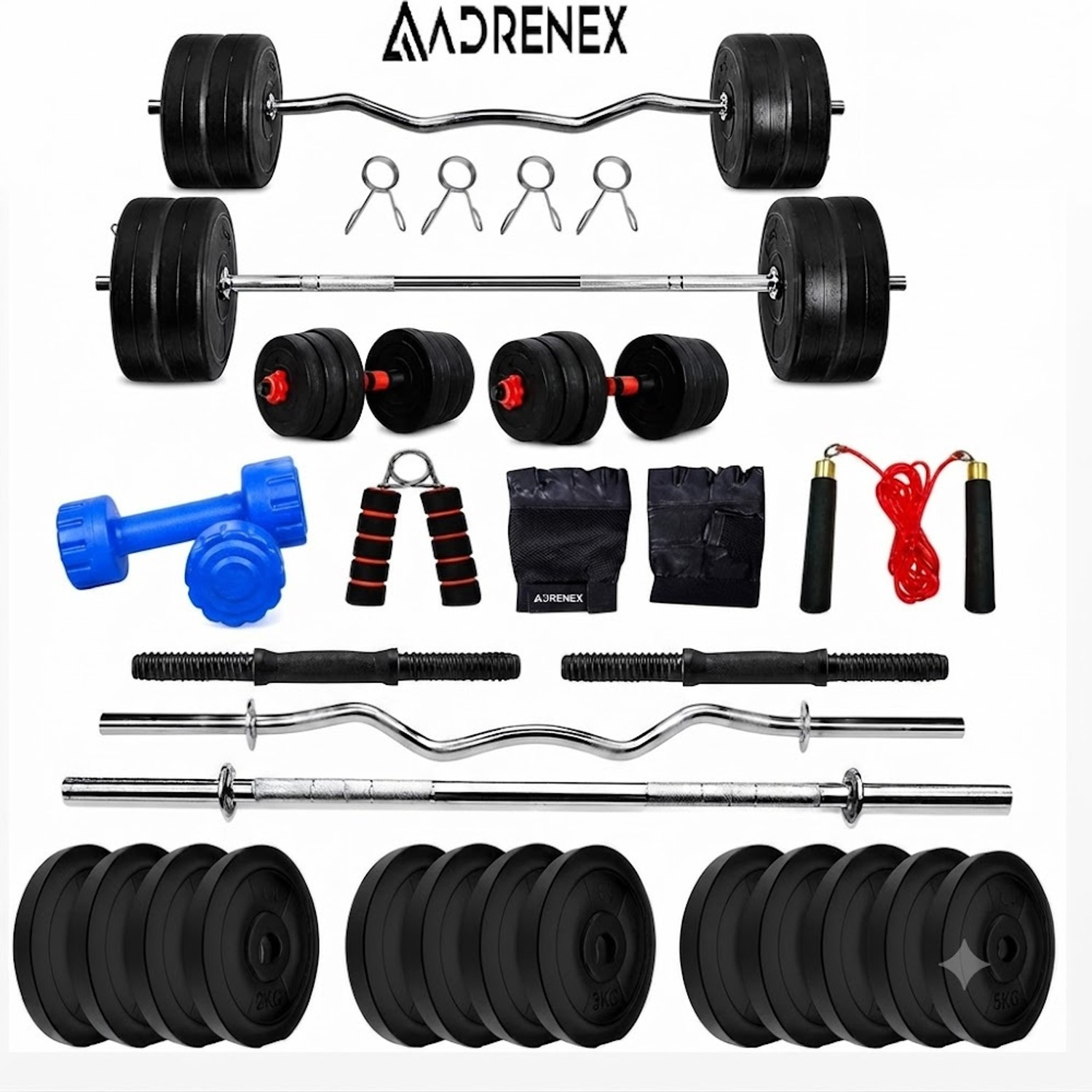 Image of Adrenex 50 kg with Straight, Curl , Dumbbell Rods , PVC Dumbbells & Gym Accessories Home Gym Combo