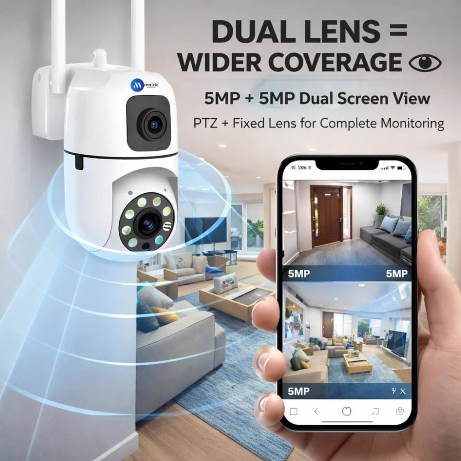 Image of Maizic Smarthome Supercam Mini Dual Lens /Screen PTZ+Bullet 5+5MP Wifi Indoor ( Pack of 2 ) Security Camera (1 Channel)