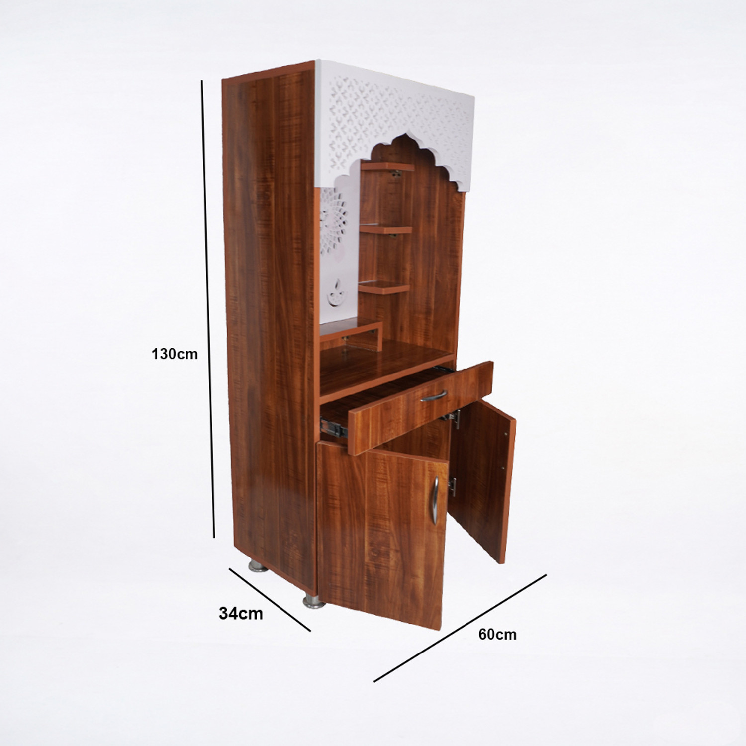 Image of Flipkart Perfect Homes Studio Wooden Mandir for Home , Pooja Mandir with Storage Drawer & Cabinet Engineered Wood Home Temple (Height: 130, Pre-assembled)