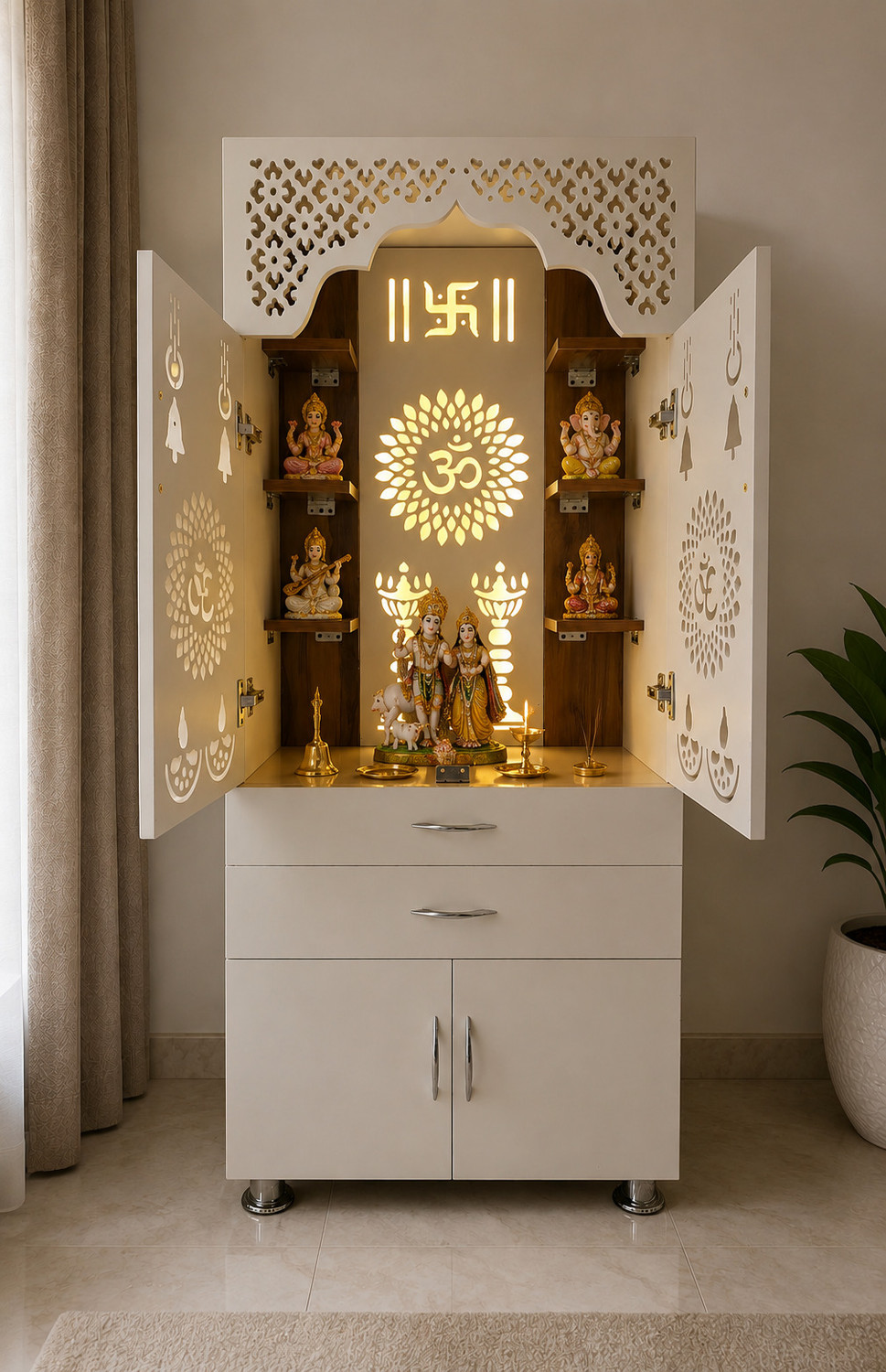 Image of TheTempleHouse Modern Temple for Home /Pooja Mandir with Led Light Engineered Wood Home Temple Engineered Wood Home Temple (Height: 135, Pre-assembled)
