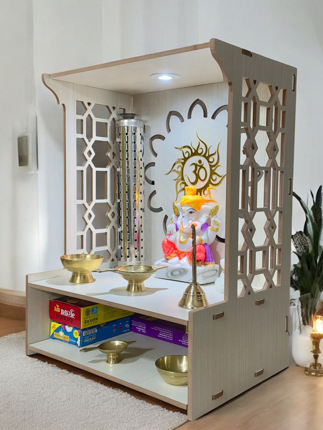 Image of Flipkart Perfect Homes Studio Wooden Mandir for Home , Pooja Mandir with Storage Drawer & Cabinet Engineered Wood Home Temple (Height: 130, Pre-assembled)